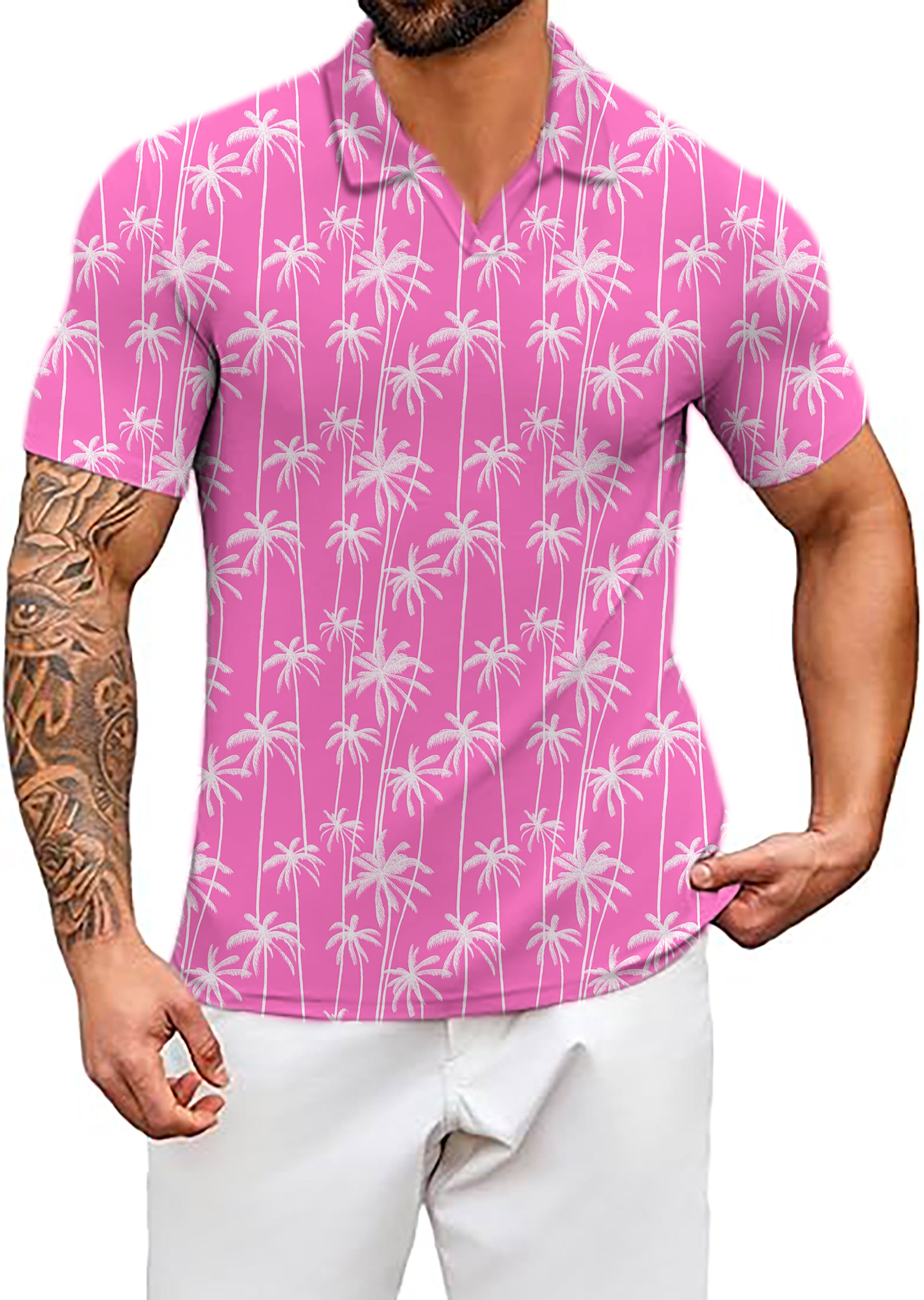 Men's Pink Coconut Tree V Neck Golf Polo Shirts