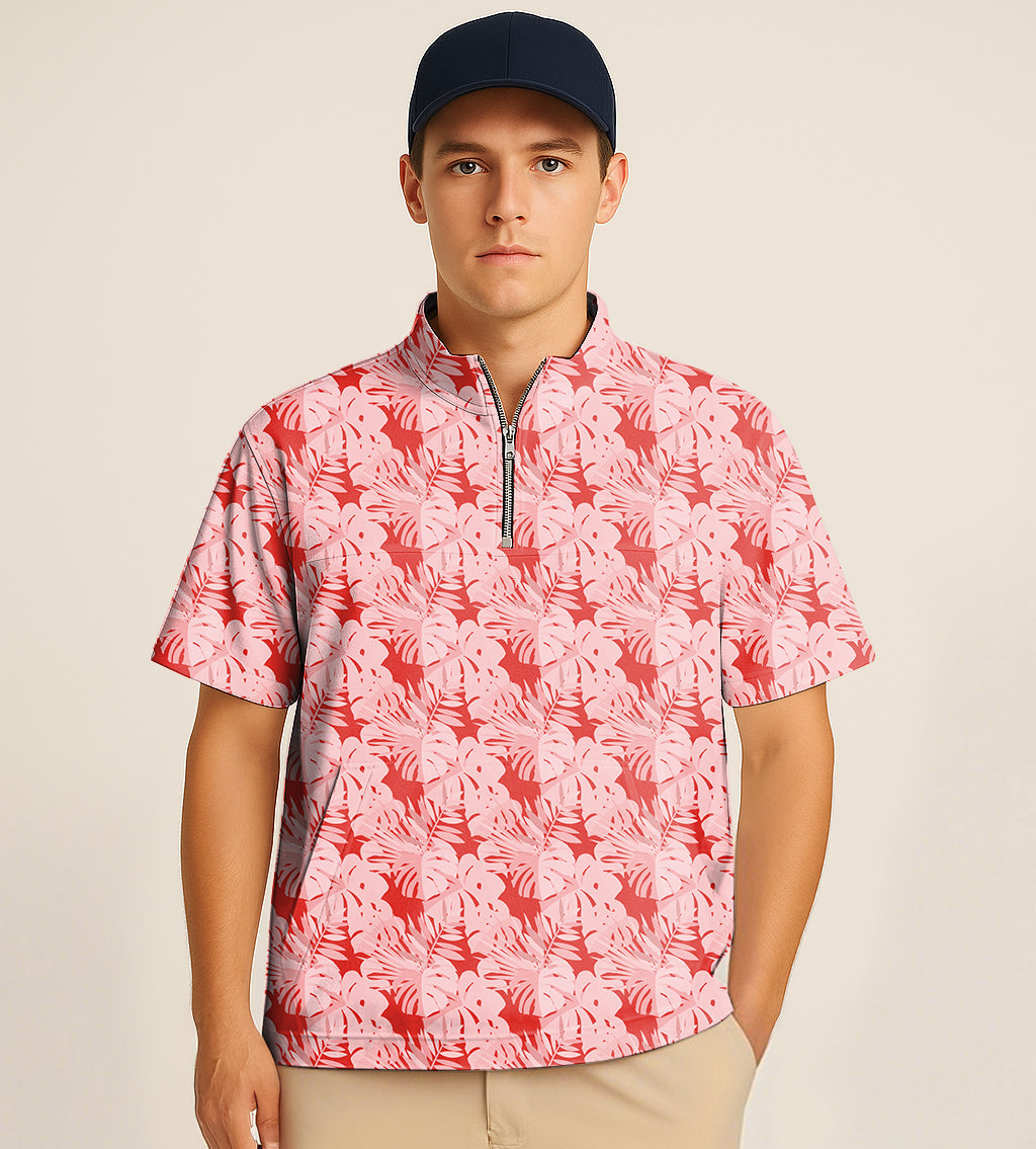 Half Zipper Turtleneck Golf Short Shirt red tropical leaves and plants Embroidery