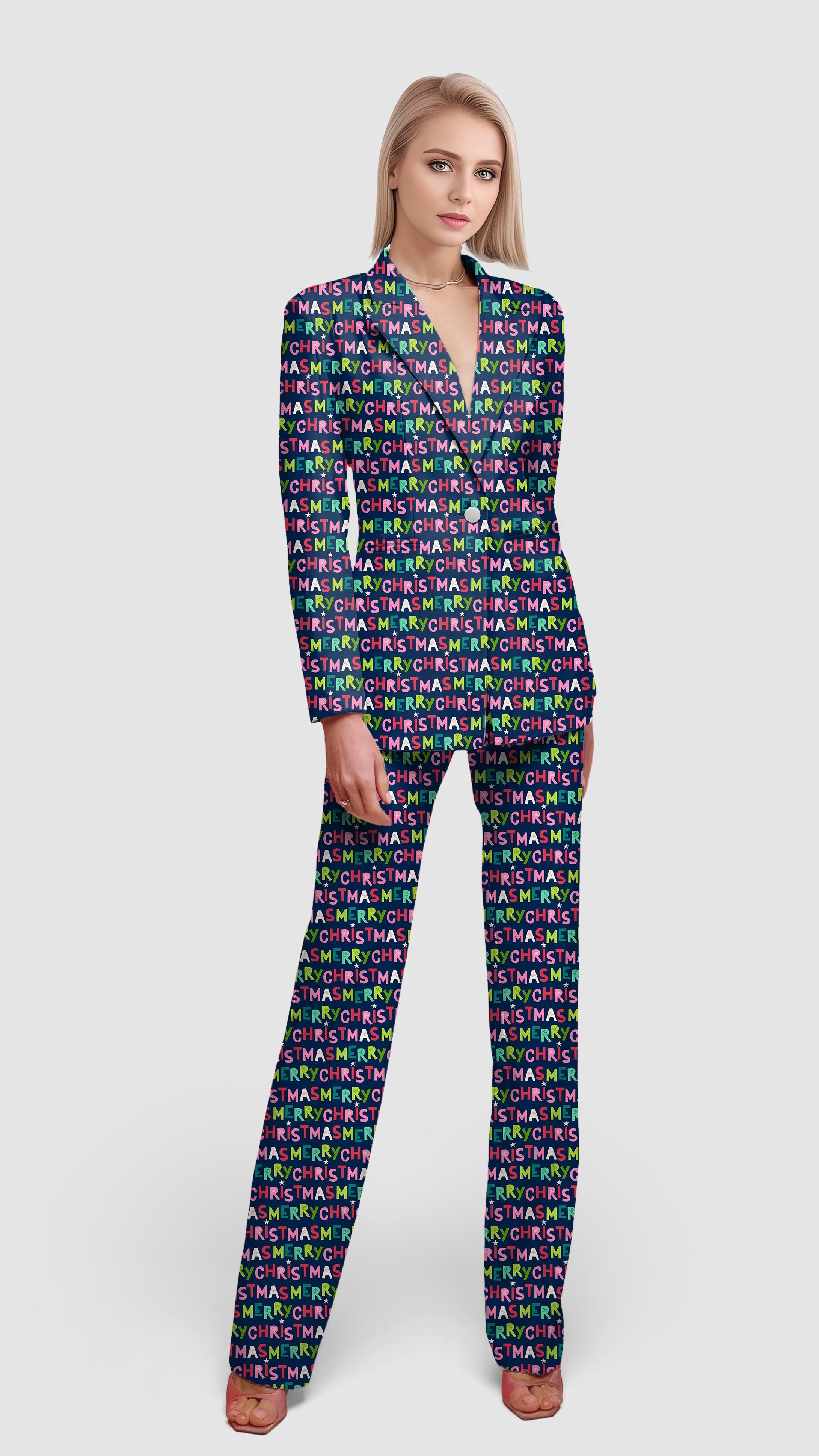 Women's Stars Snowflakes Christmas blazer suit set with colorful text pattern, casual office wear, machine washable
