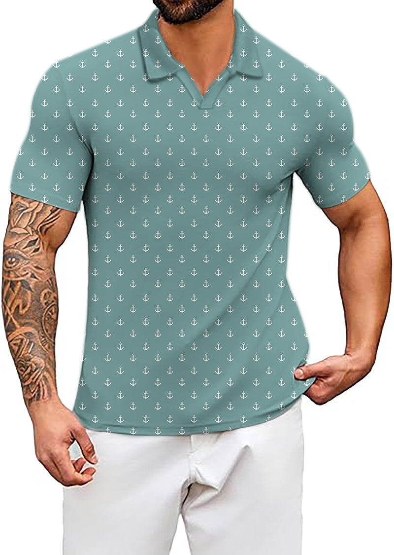 Men's Coconut Palm navy blue polo shirt with green anchors and four-way stretch fabric