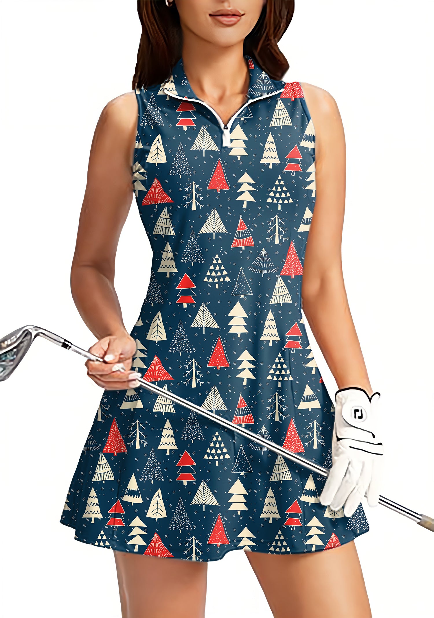 Christmas Tree Women's Golf Sleeveless Zipper Dresses with Built in Shorts