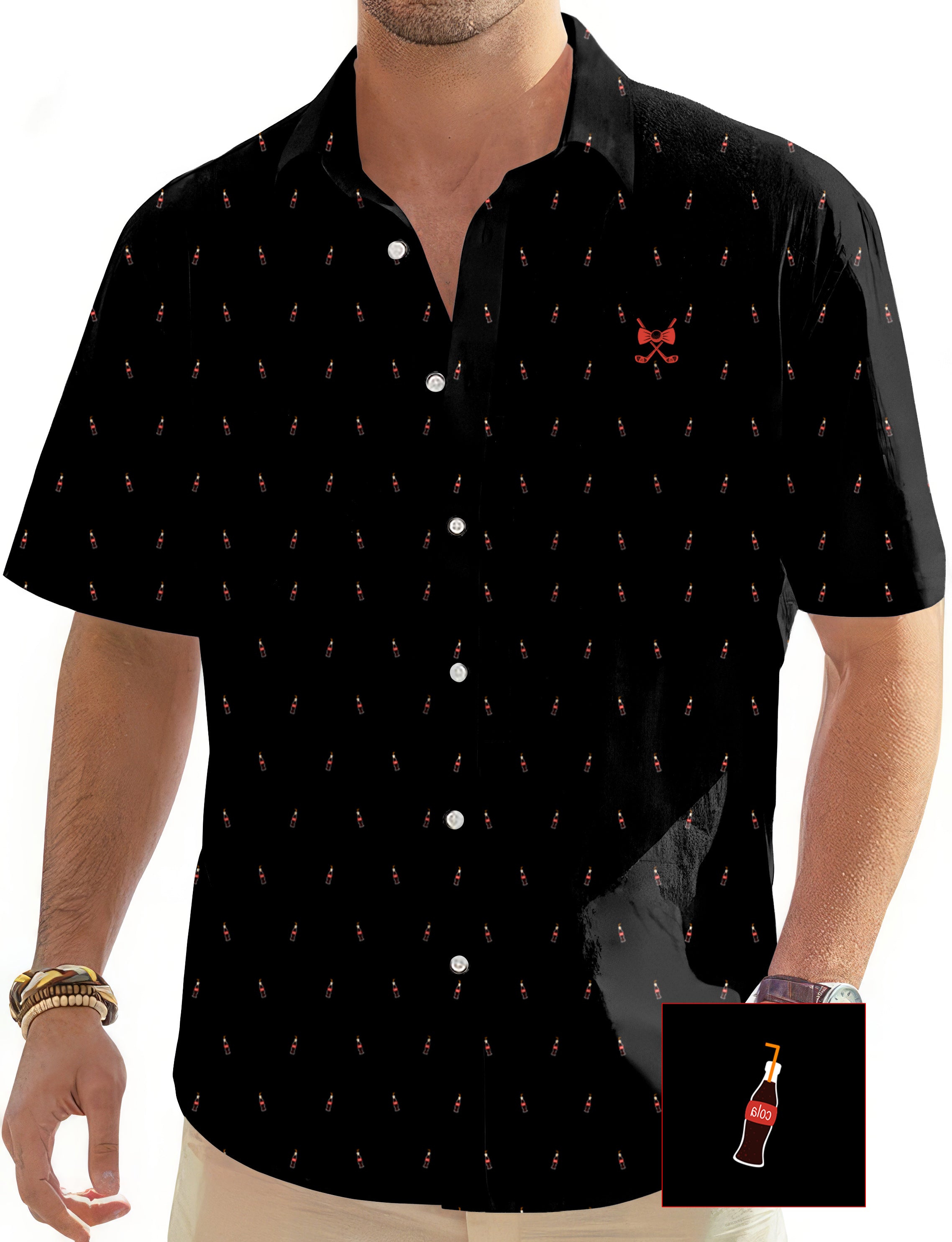 Black Cola Glass Bottle Men's Golf Hawaiian Shirts Button Down Shirt
