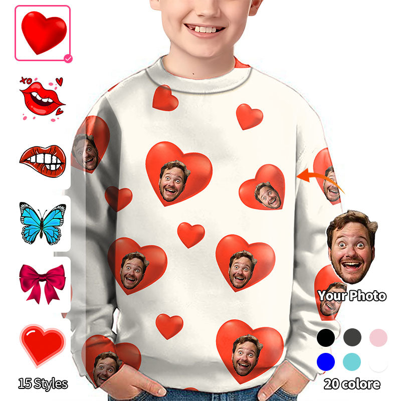 Valentine's Day Custom Photo Face Custom Color White Love Crewneck Pullover Kids Ugly Sweater