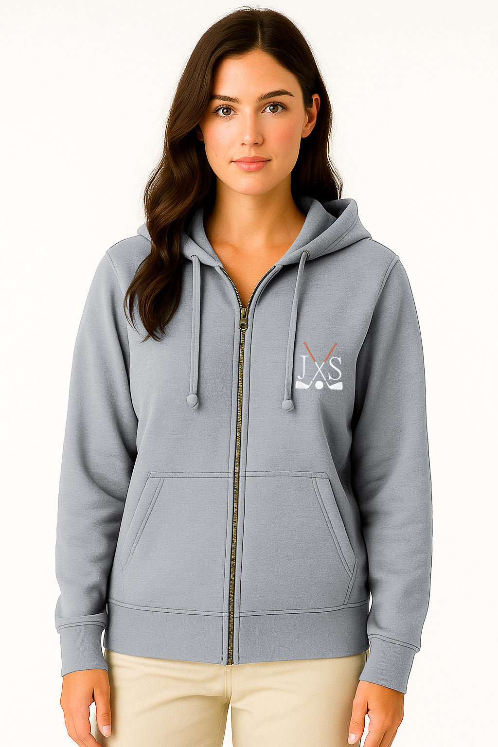 Plus size grey embroidery solid color women's zip-up hoodie with golf club design