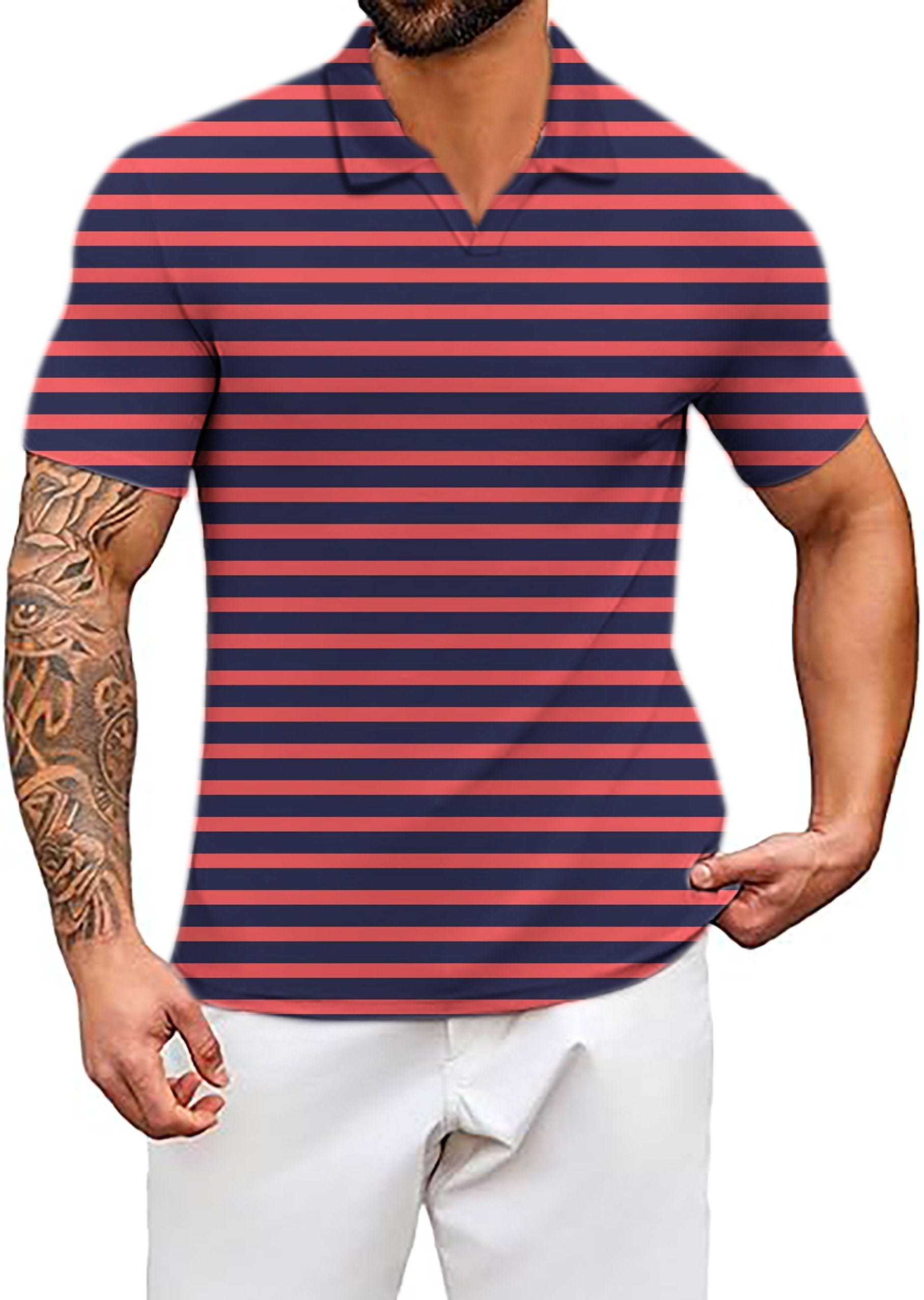 Men's Navy Red Stripes V Neck Golf Polo Shirts