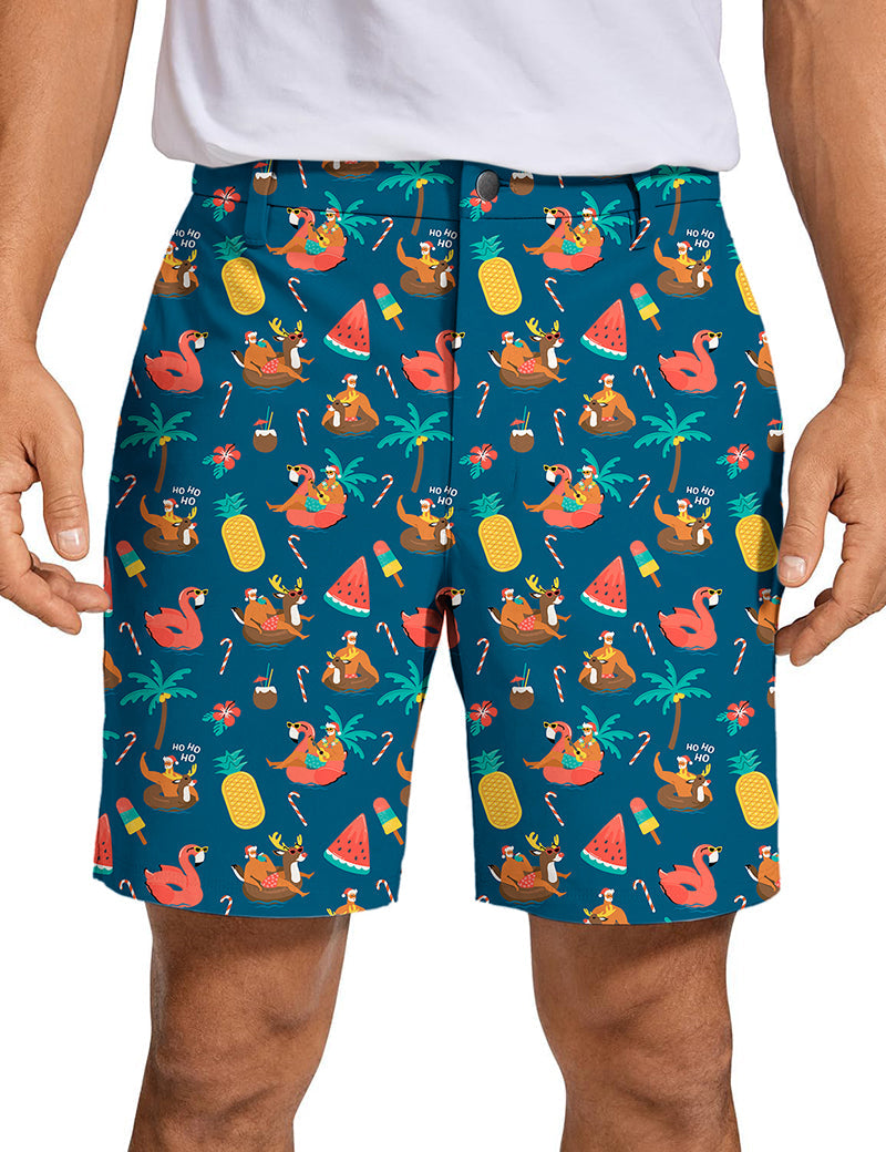 Men's Christmas HO Golf Shorts with festive tropical print, quick dry, lightweight, and two-way stretch fabric