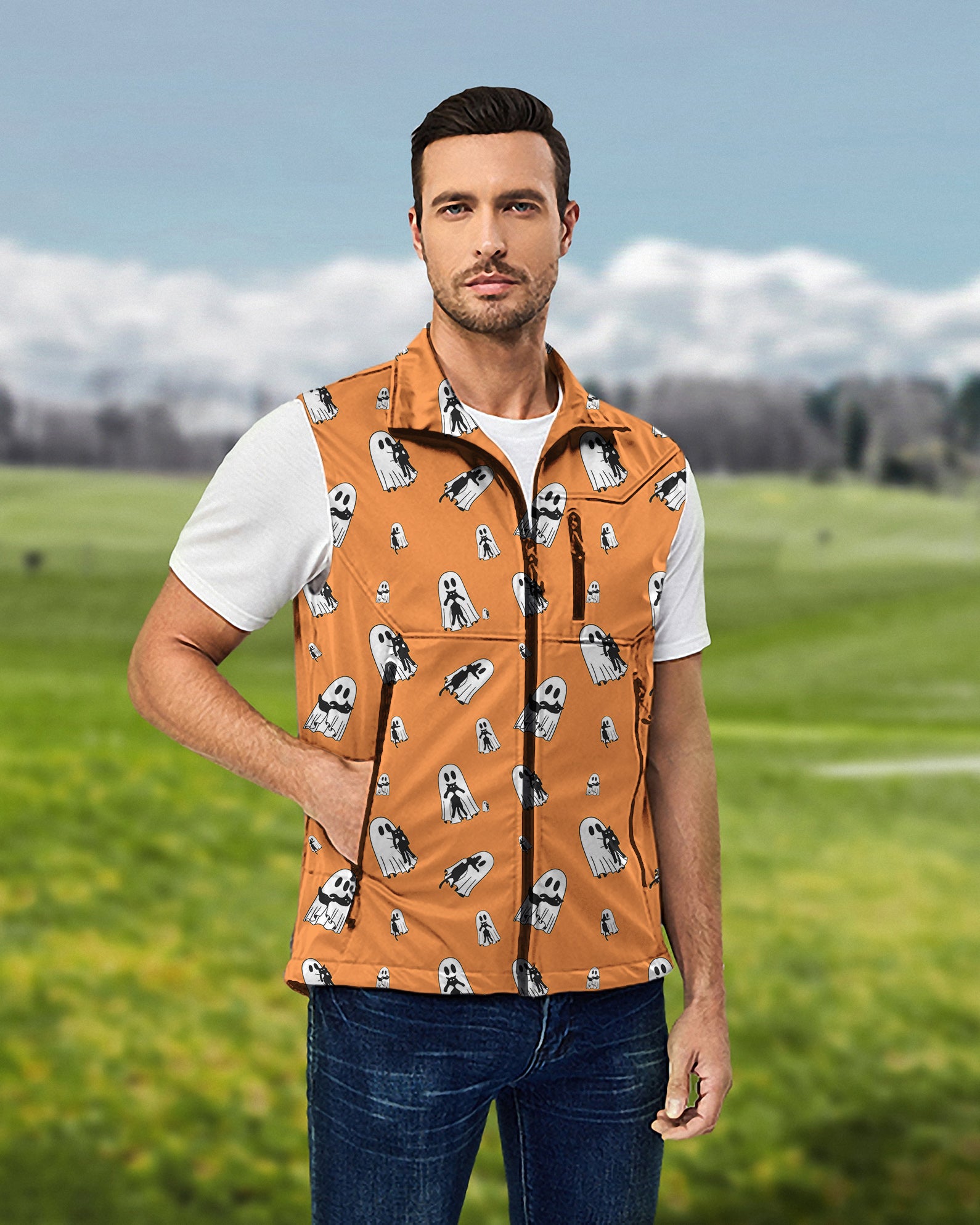 Men's Halloween Ghost Hug Cat Custom The Background Color Lightweight Softshell Vest Sleeveless Jacket for Golf Windproof Waterproof