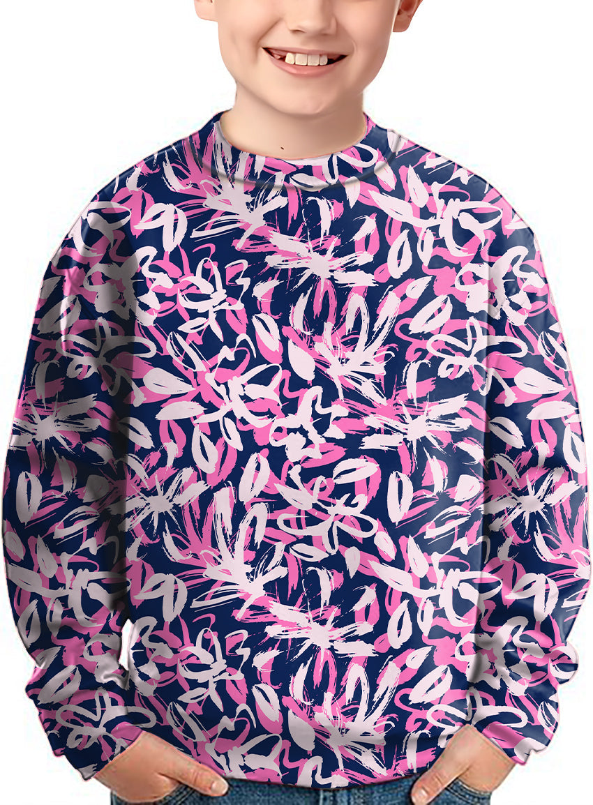 Kids Draw Flowers Crewneck pullover with pink and white floral pattern on navy background