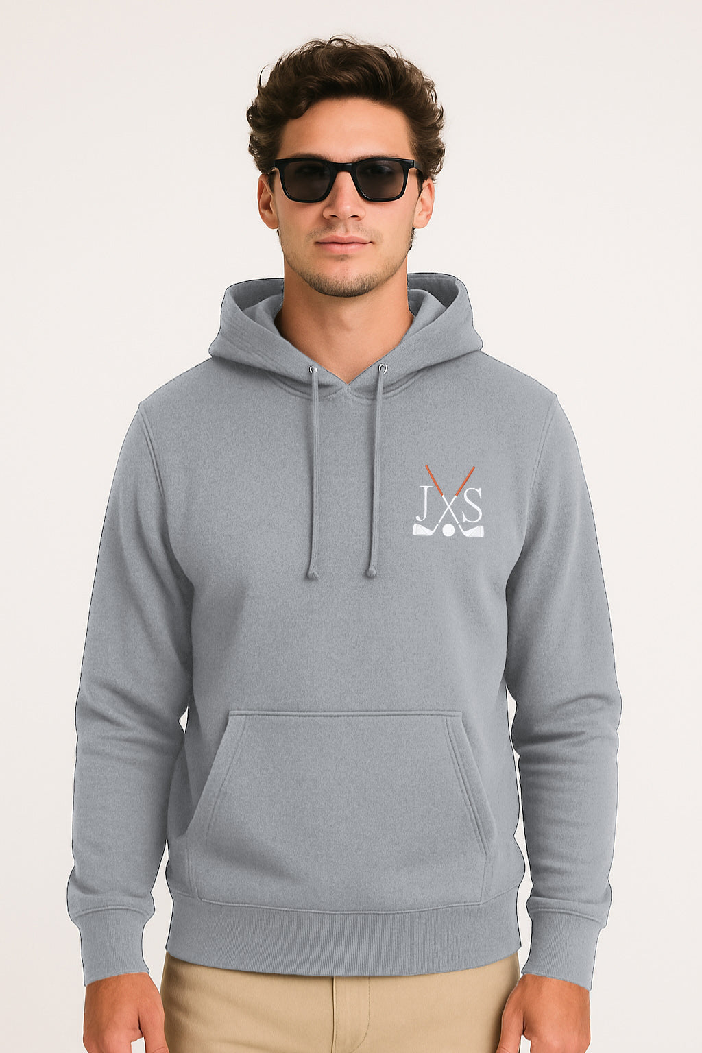 Grey embroidery solid color plus size men's hoodie with front pouch pocket and three-panel hood