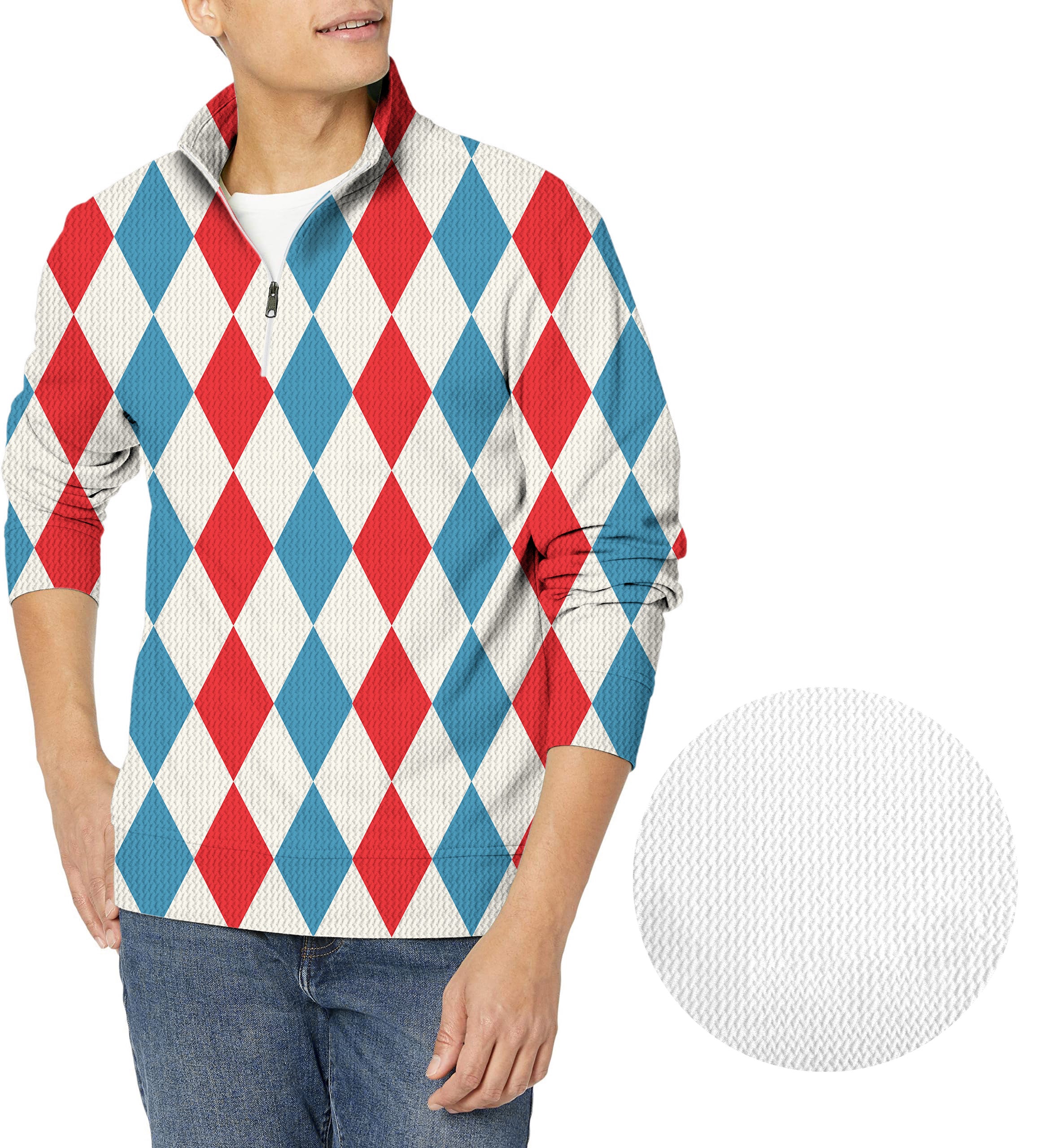 Geometric checkerboard Argyle-Men's Golf Waffle Zipper Pullover