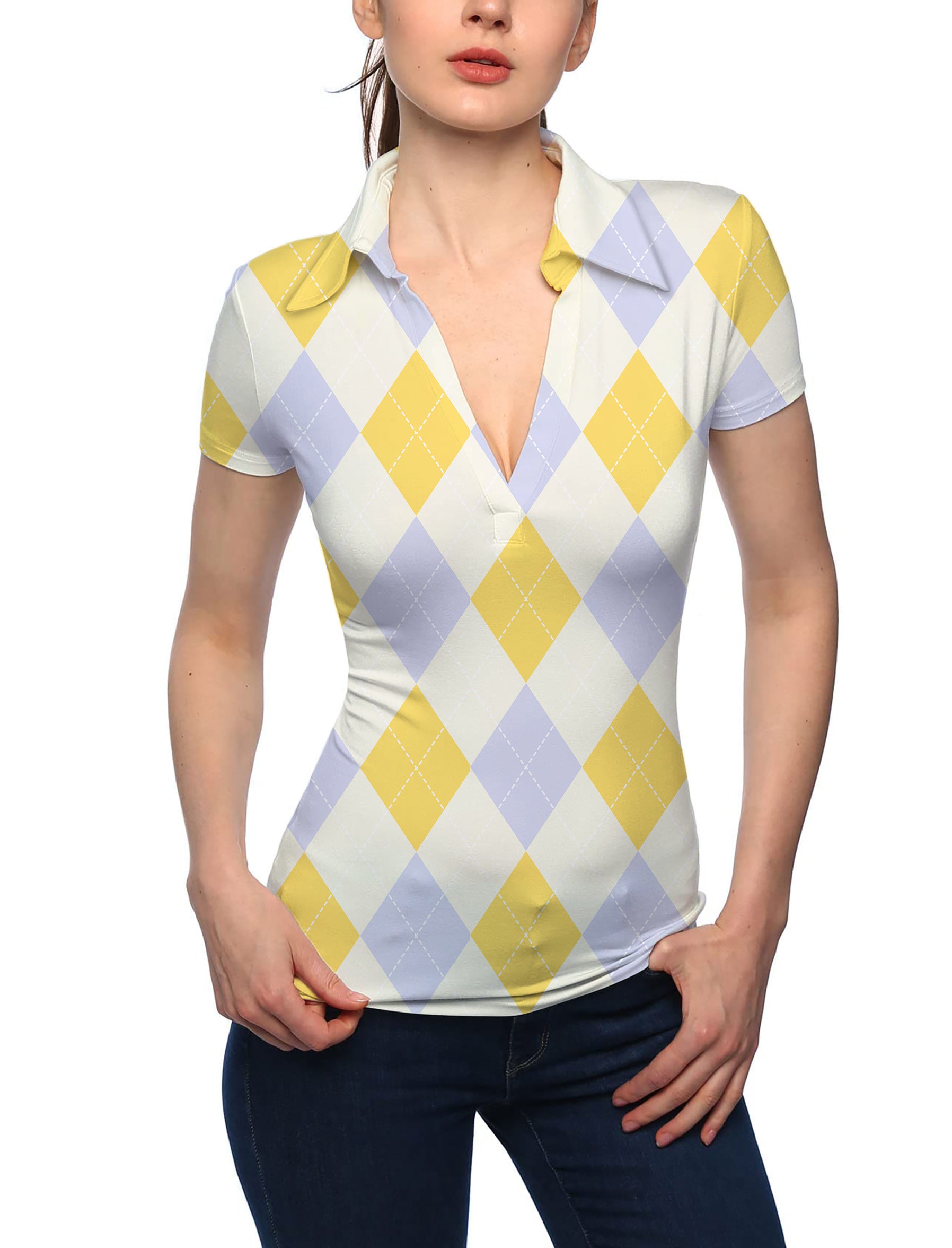 Women's Yollow Argyle V Neck Golf Polo