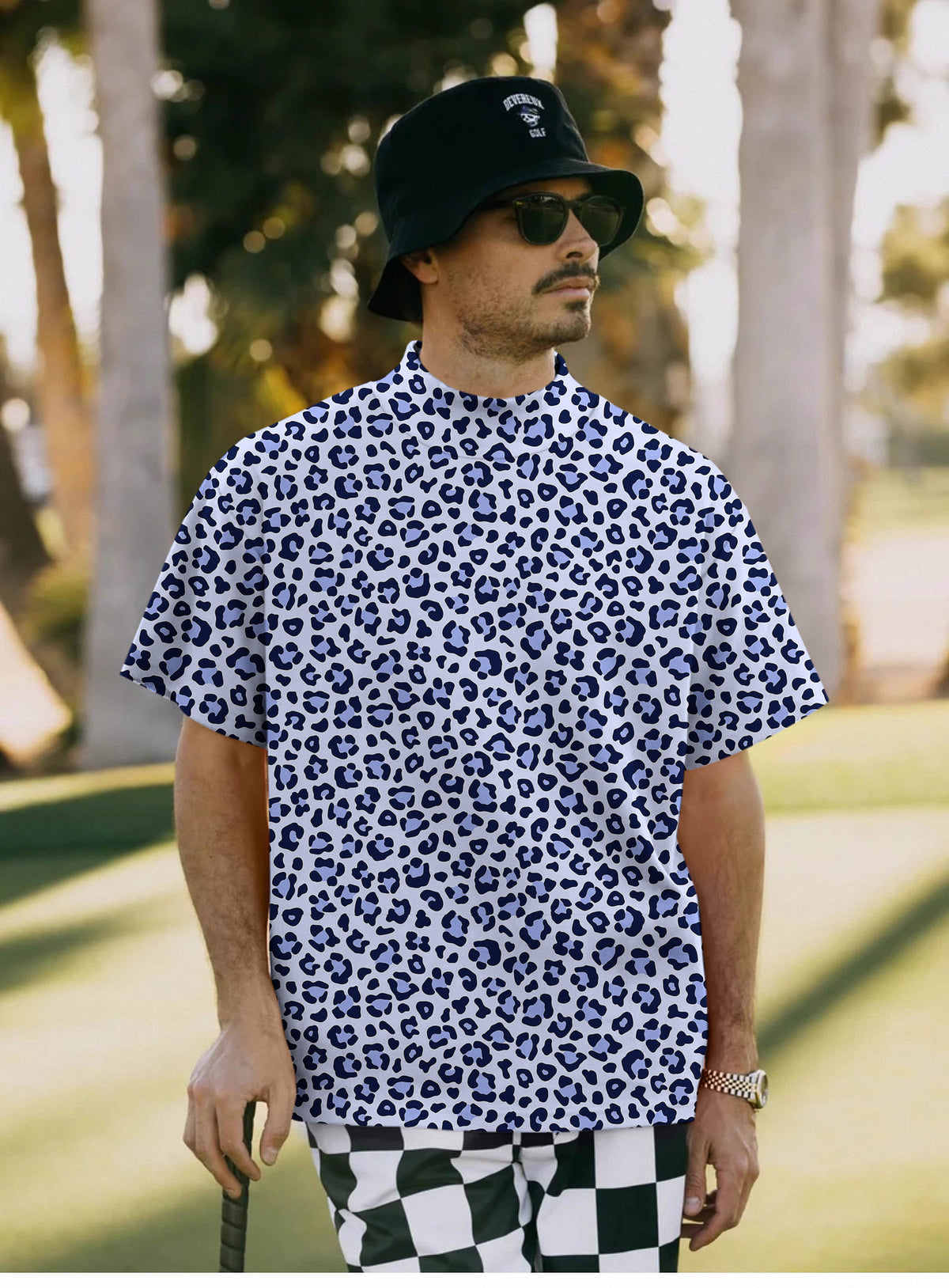 Men's purple leopard print Mock Neck Long/Short Sleeve Golf Tops