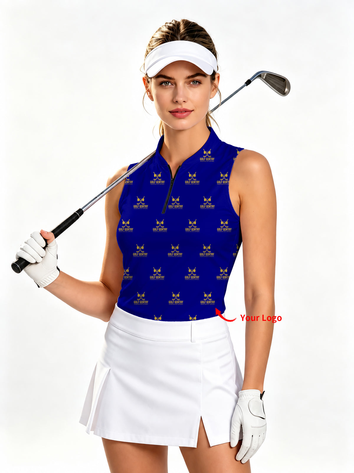 Custom Company Sport Team Logo Face Women's Quarter Zip Mock Neck Sleeveless Golf Athletic Blouse
