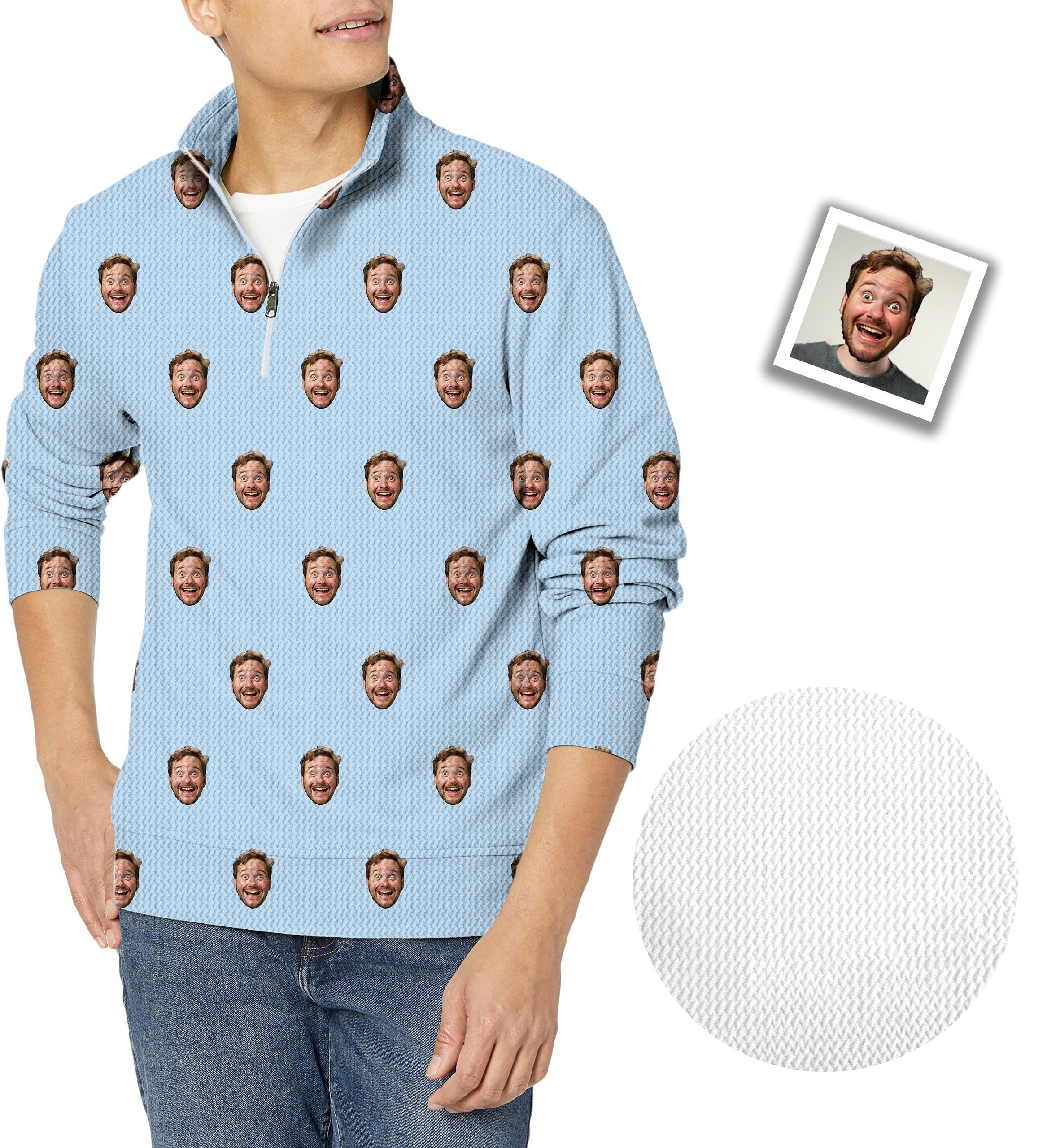 Custom Photo Funny Face Men's Golf Waffle Zipper Pullover