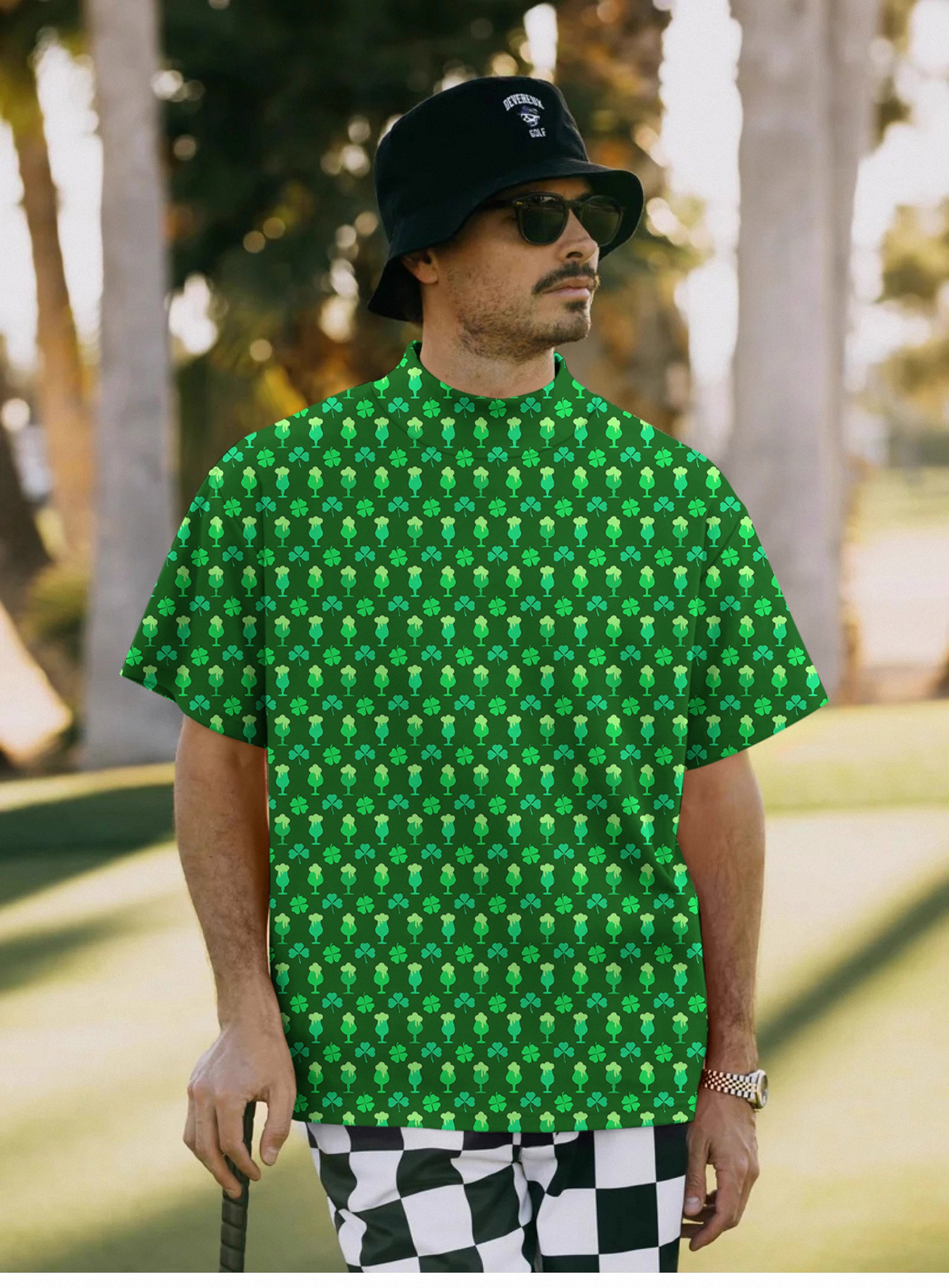 Men's Green beer clover leaf St. Patrick's Day Pullover High neck Long/Short sleeve T-Shirt