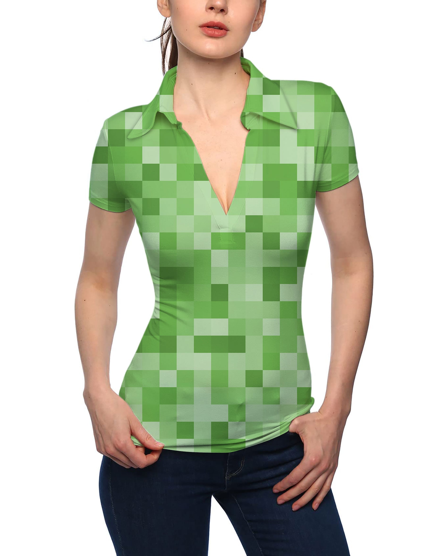 Women's Light Green Pixel Big V Neck Golf Polo