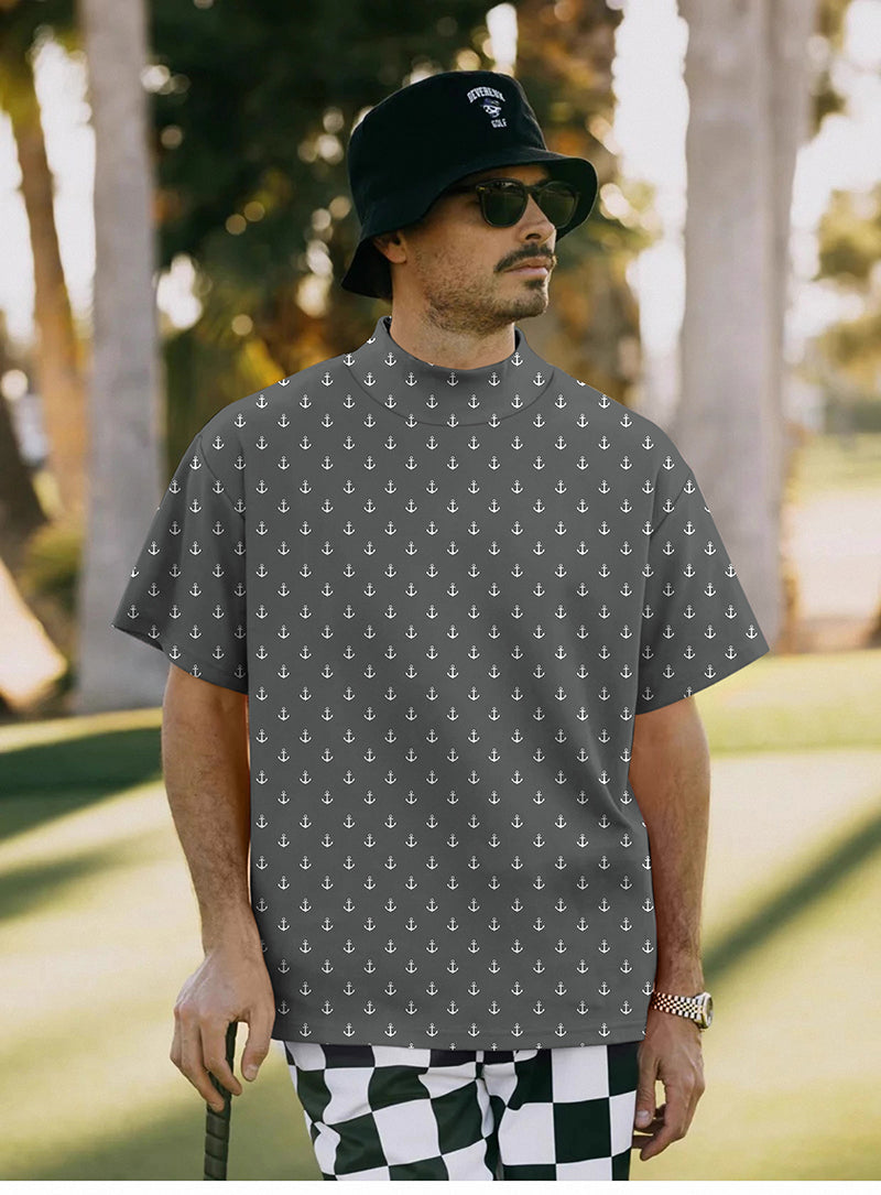 Men's black anchor pullover high neck short sleeve golf shirt with custom logo option