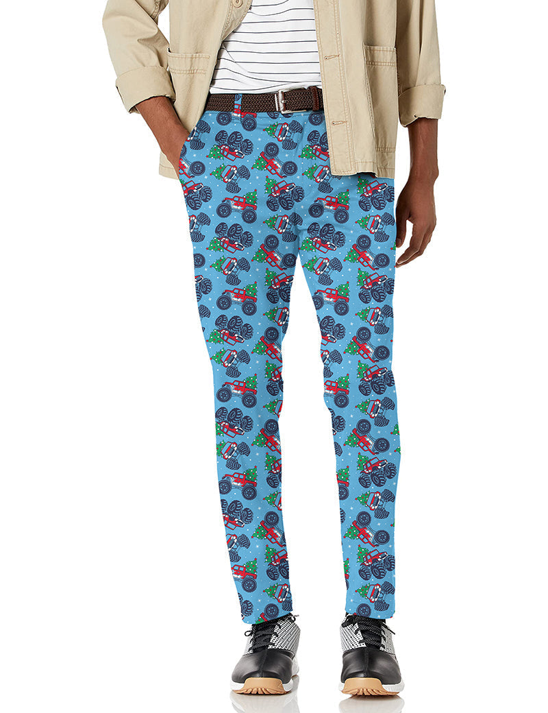 Men's Christmas truck themed stretch golf pants with moisture-wicking breathable fabric
