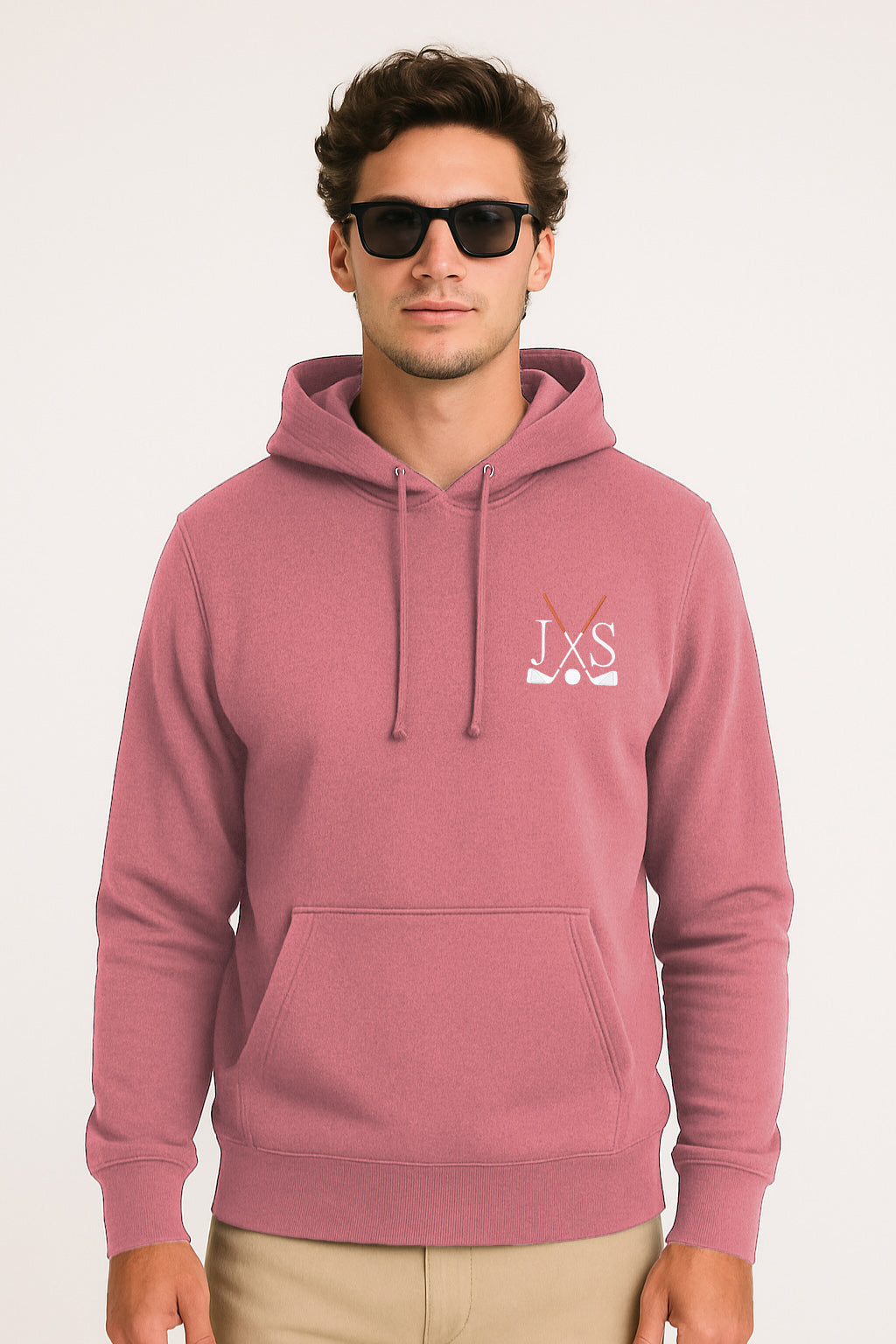 Plus size men's hot pink hoodie with embroidery and three-panel hood