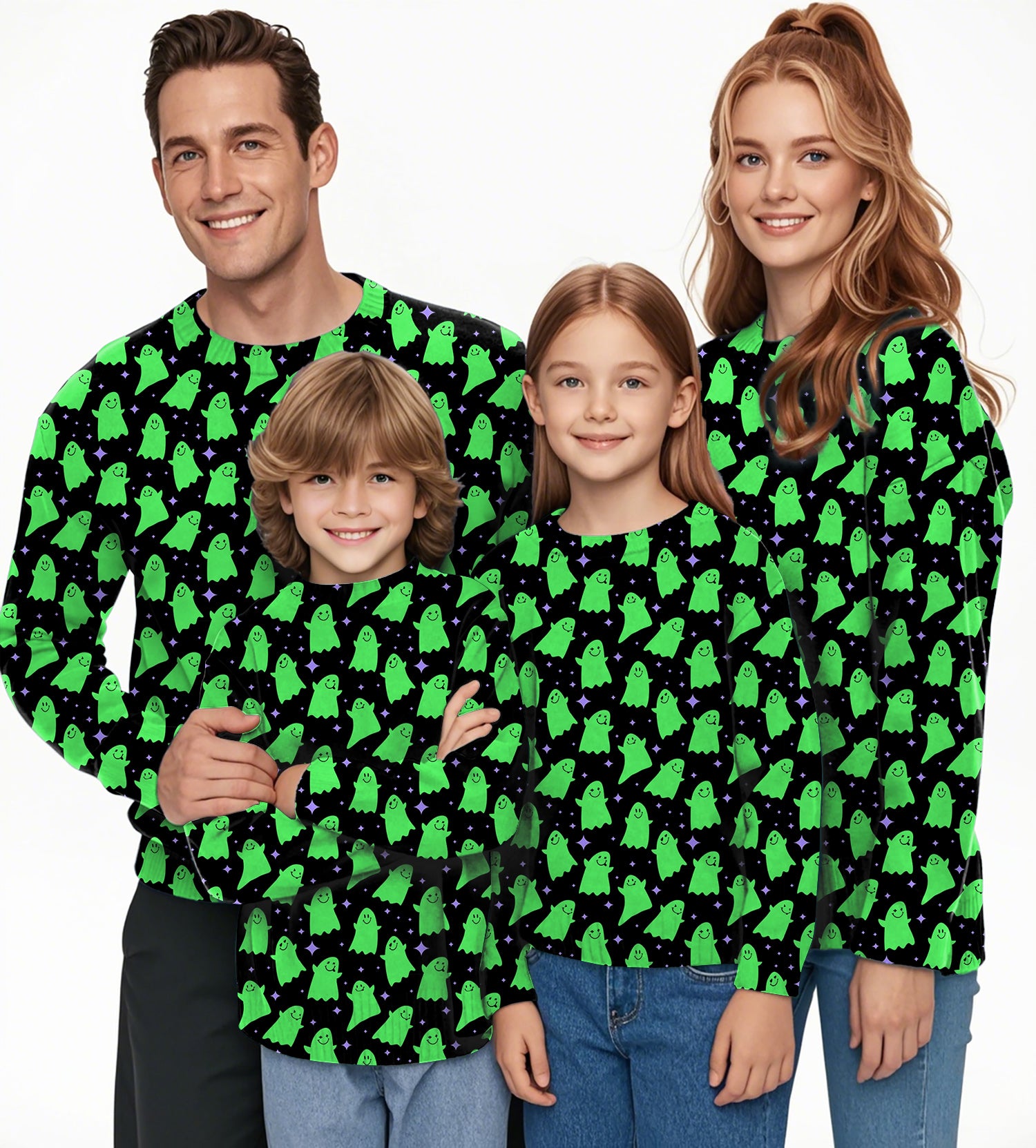 Halloween Green Ghost Crewneck Pullover Ugly Sweater Men Women boy girl family