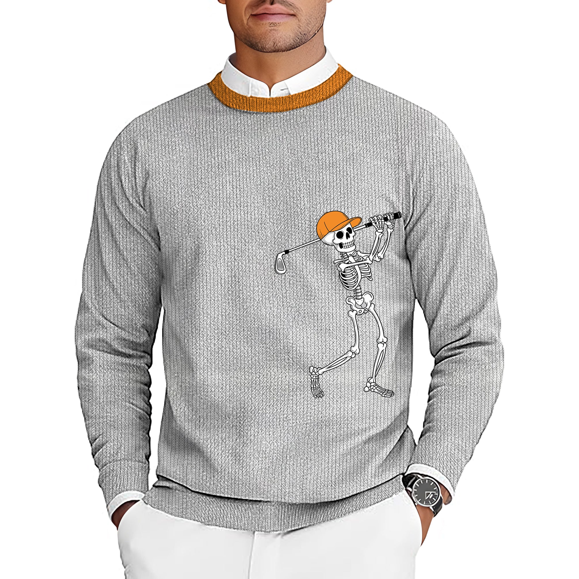 Pumpkin White Halloween Skeleton Golf Men's Golf Crewneck Pullover Sweaters Ugly Sweater