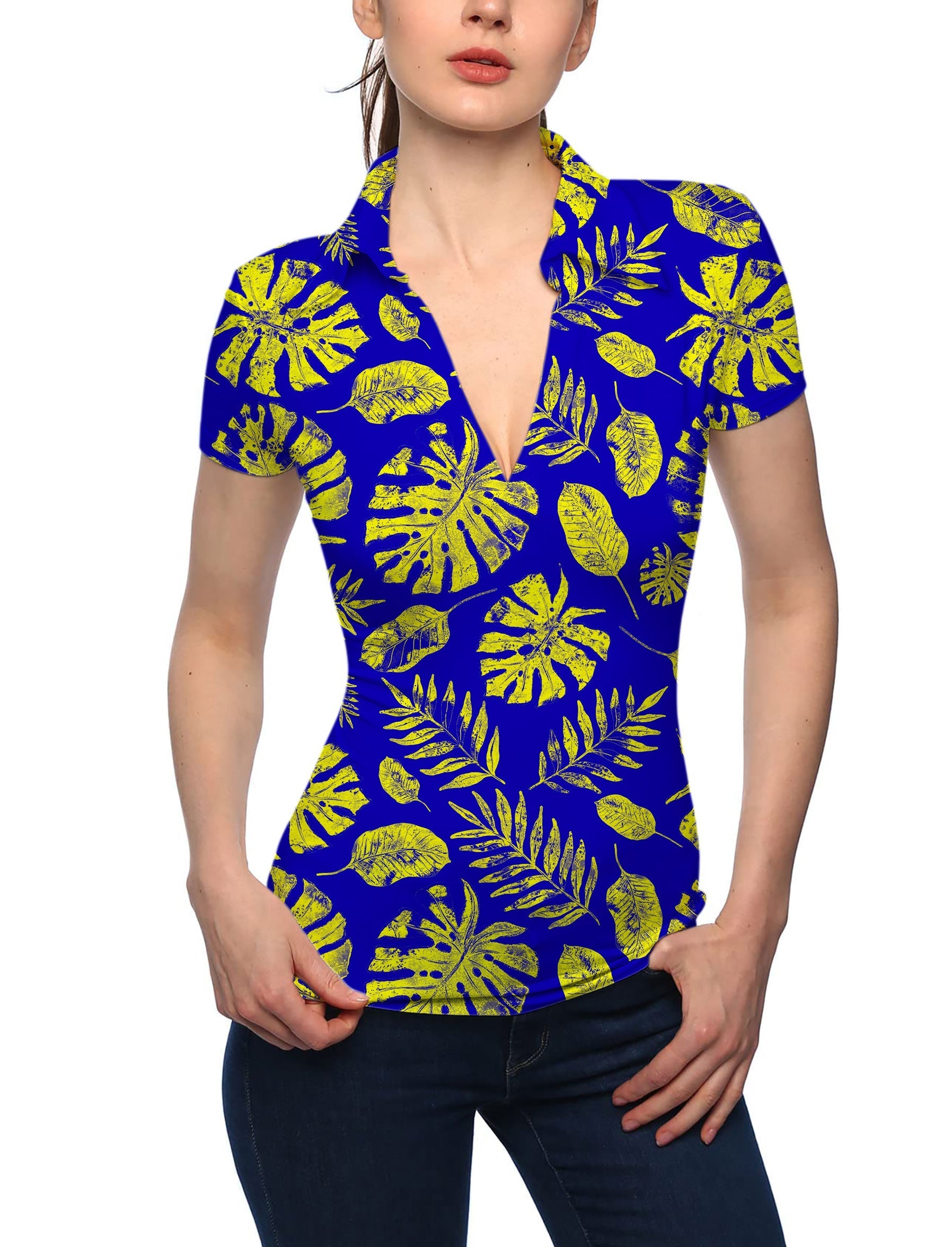 Women's Tropical plants V Neck Golf Polo
