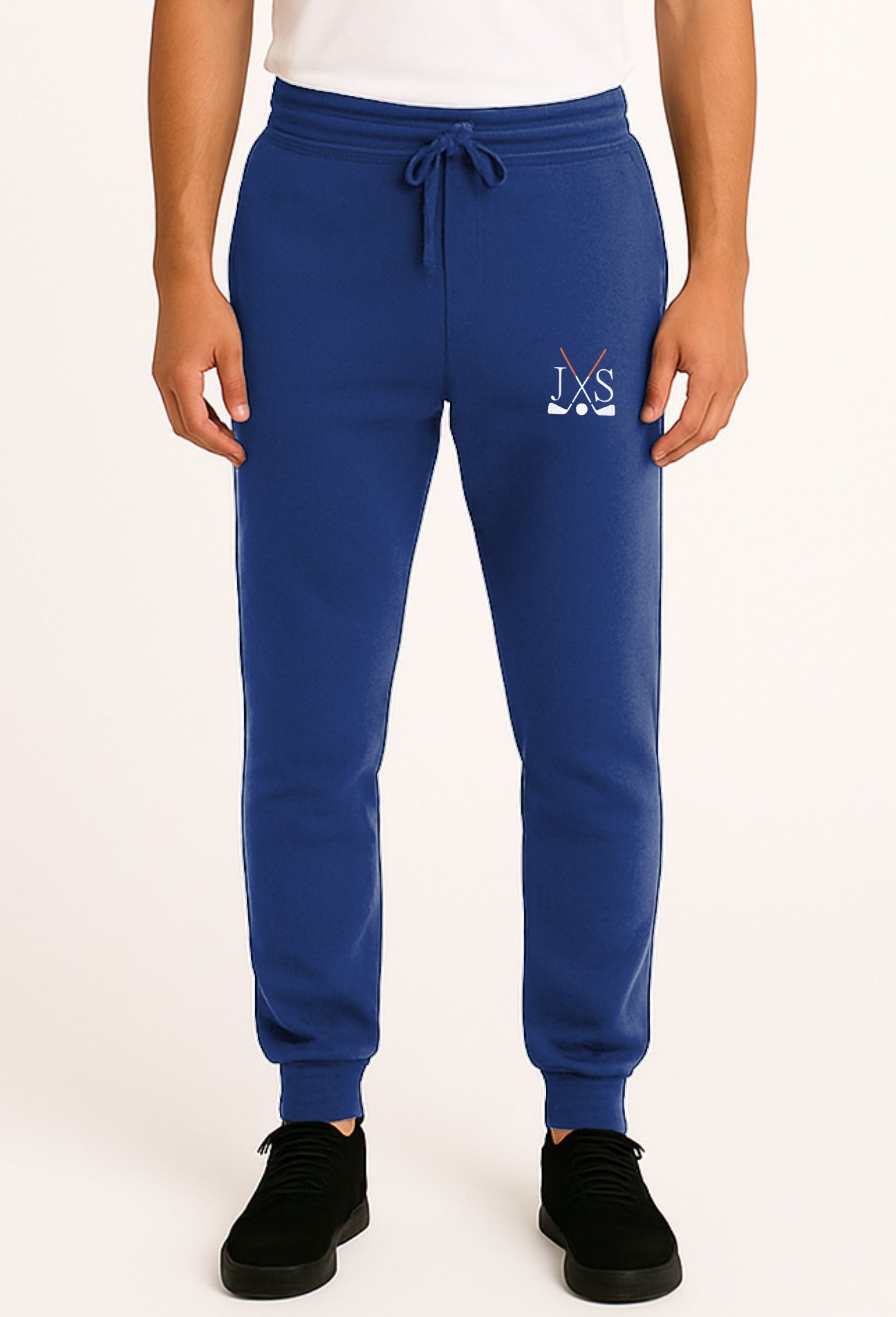 Navy blue plus size sports sweatpants with golf club embroidery and initials, cotton blend, ribbed cuffs and waistband