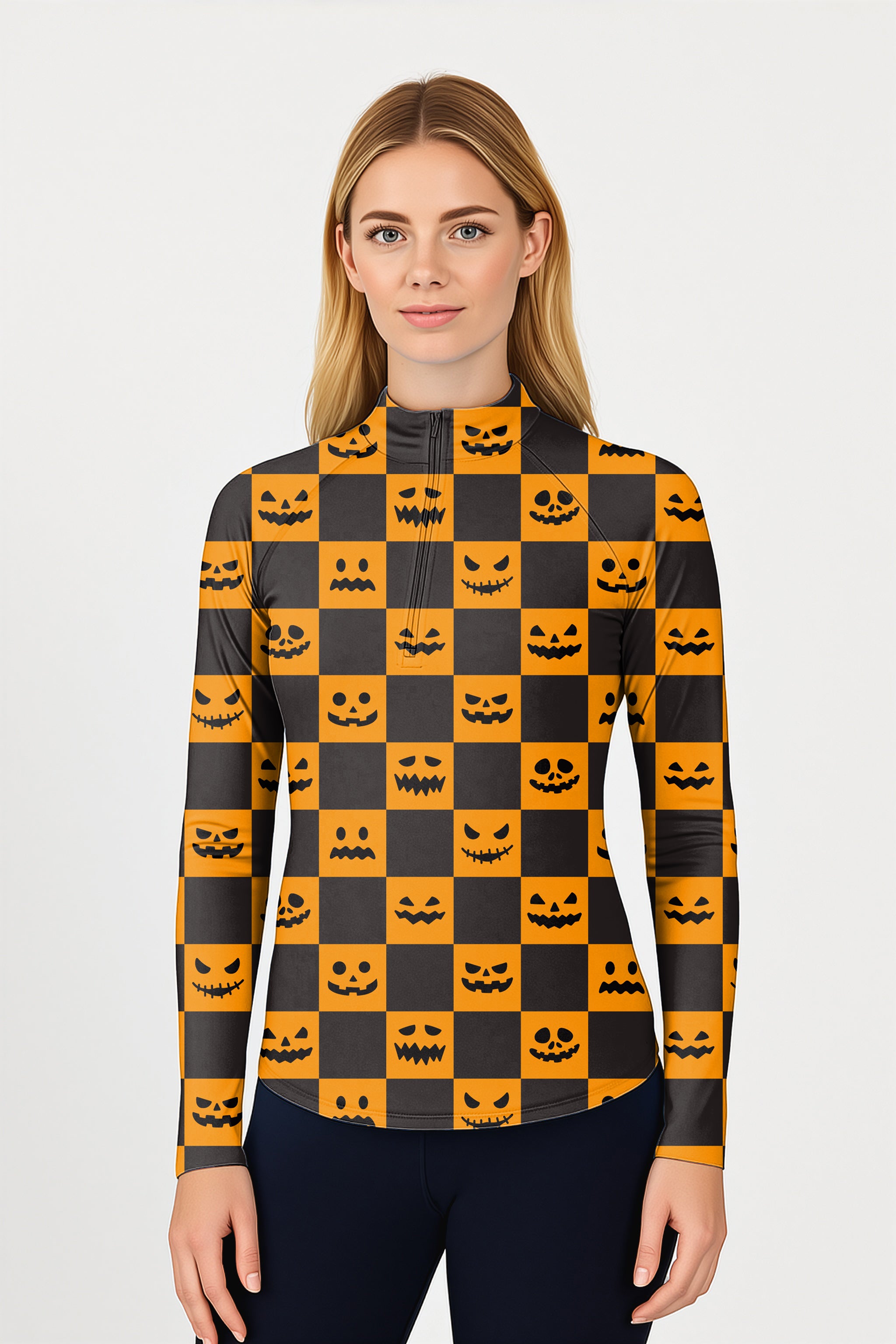 Halloween black and yellow checkerboard pumpkin Women's Golf Active 3/4 Zipper Top Long Sleeves