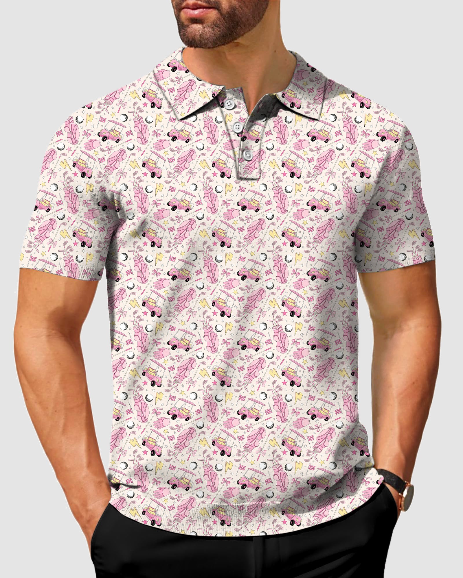 Men's Pink Golf Cartoon Polo