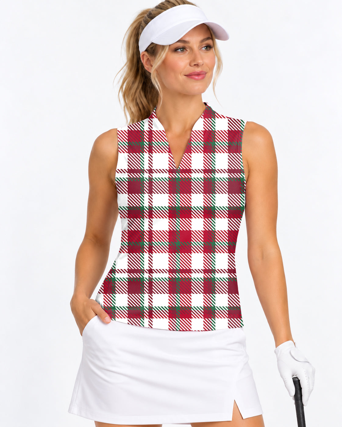 Christmas stripes Women's V Notch Mock Neck Sleeveless Golf Athletic Blouse