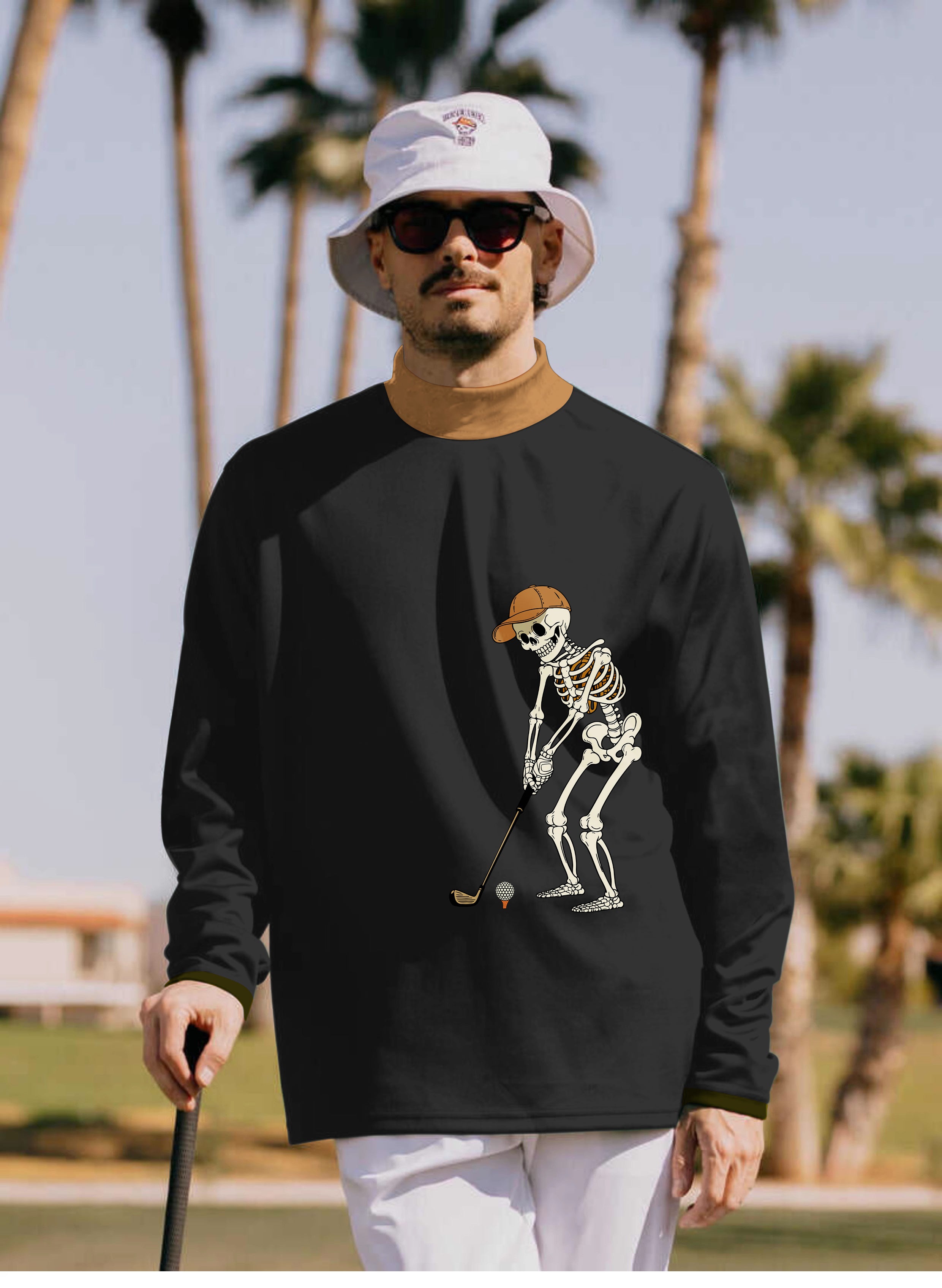 Men's Pumpkin Black Halloween Skeleton Golf Pullover High neck Long/Short sleeve T-Shirt