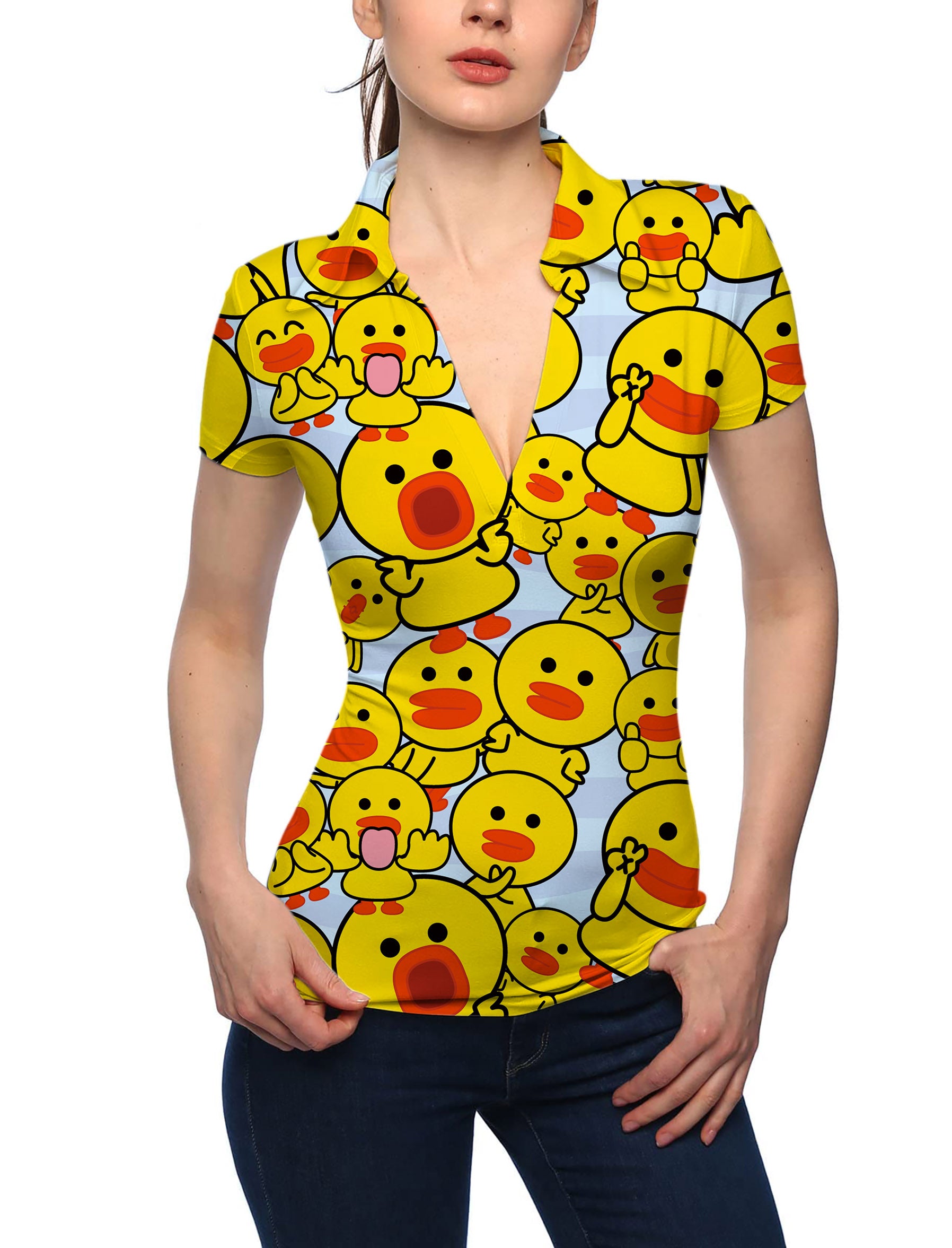 Women's Yellow duck V Neck Golf Polo