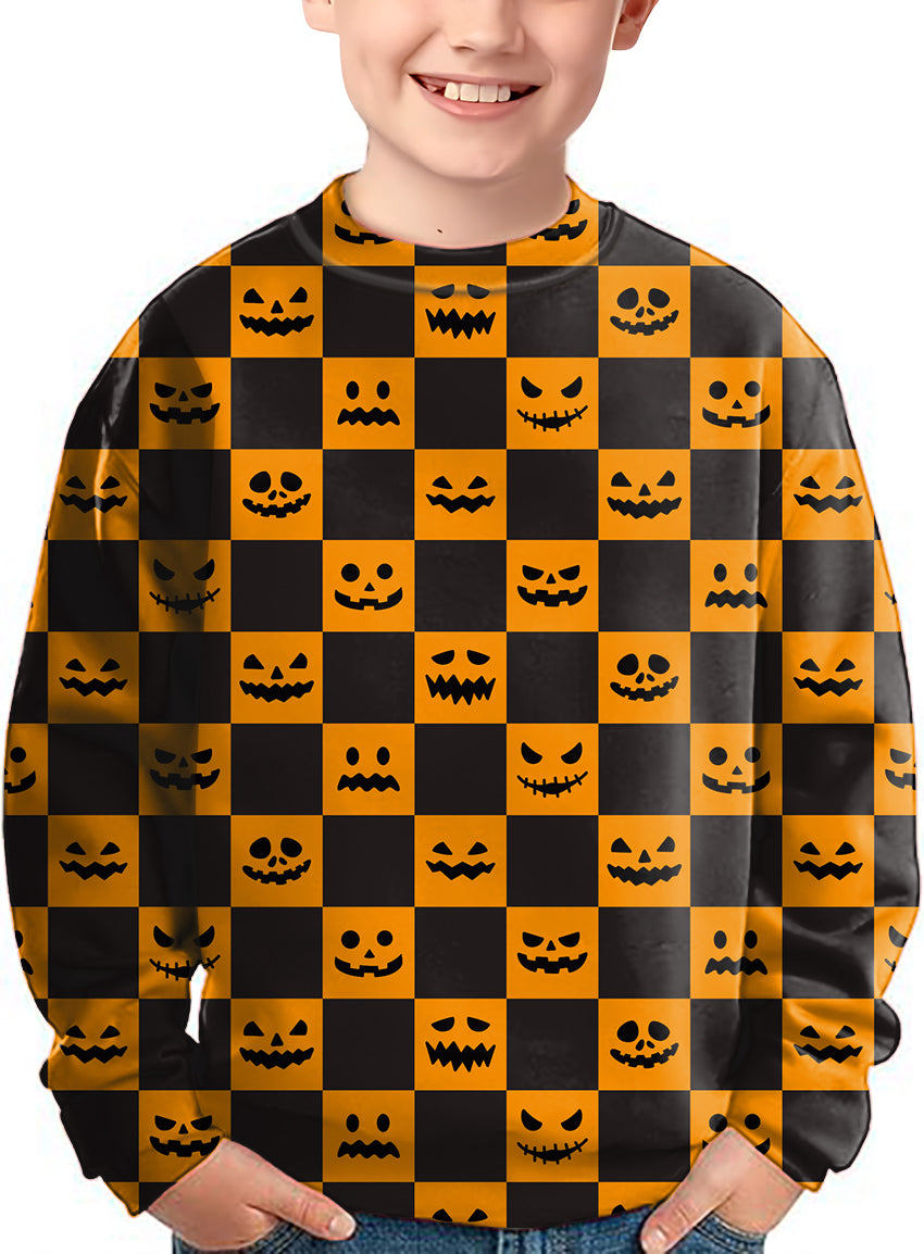 Halloween black and yellow checkerboard pumpkin Crewneck Pullover Kids Ugly Sweater