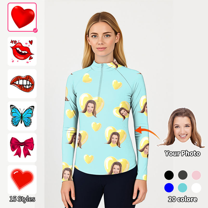 Valentine's Day custom photo women's golf 3/4 zip active top with green blue hearts design