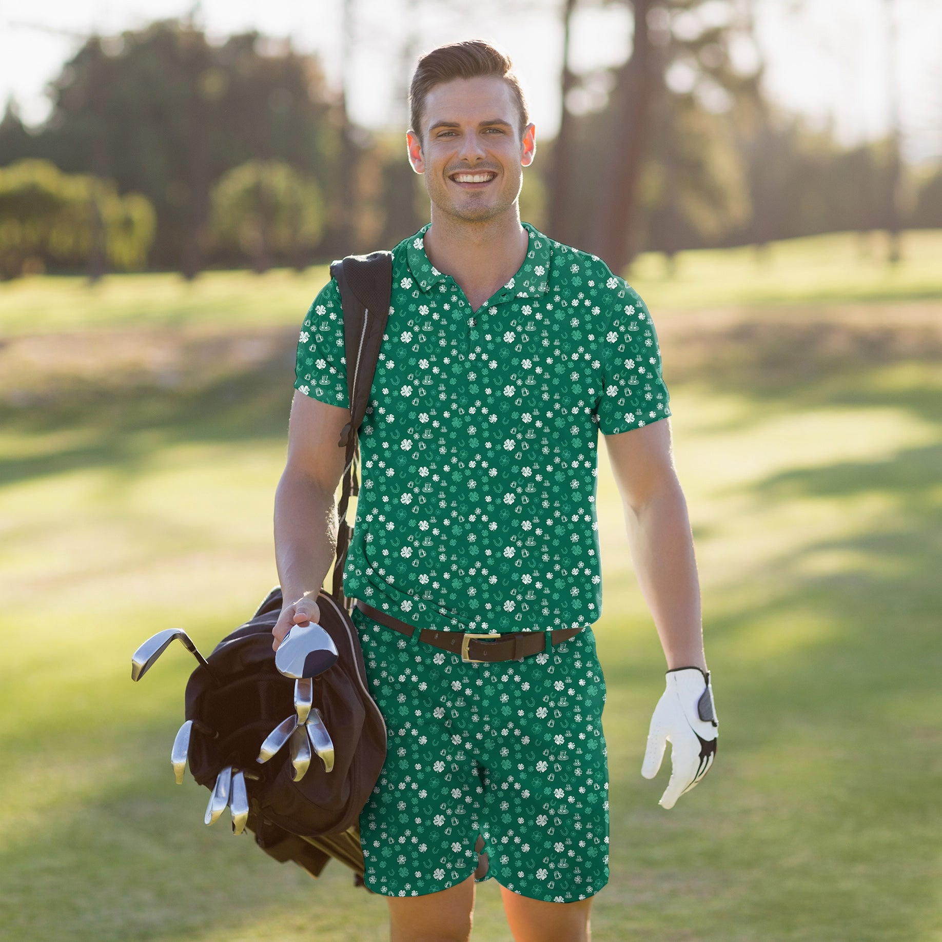 Men's Golf Set Polo+Shorts Green beer clover leaf St. Patrick's Day