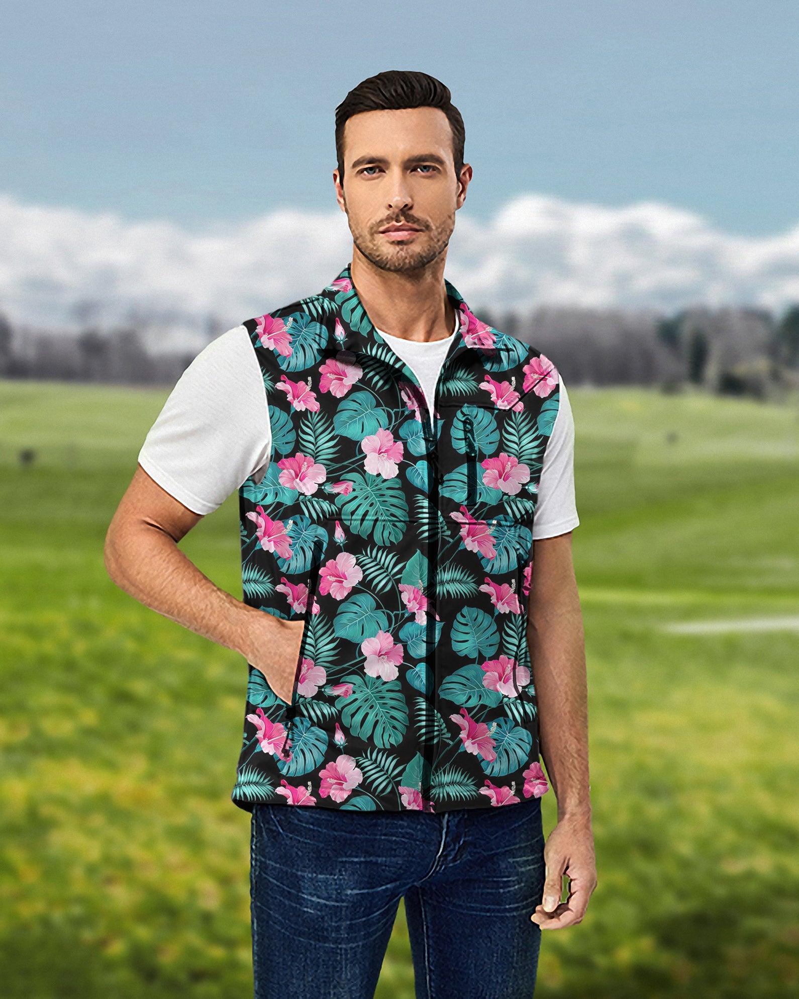 Men's Tropic Floral Lightweight Softshell Vest Sleeveless Jacket for Golf