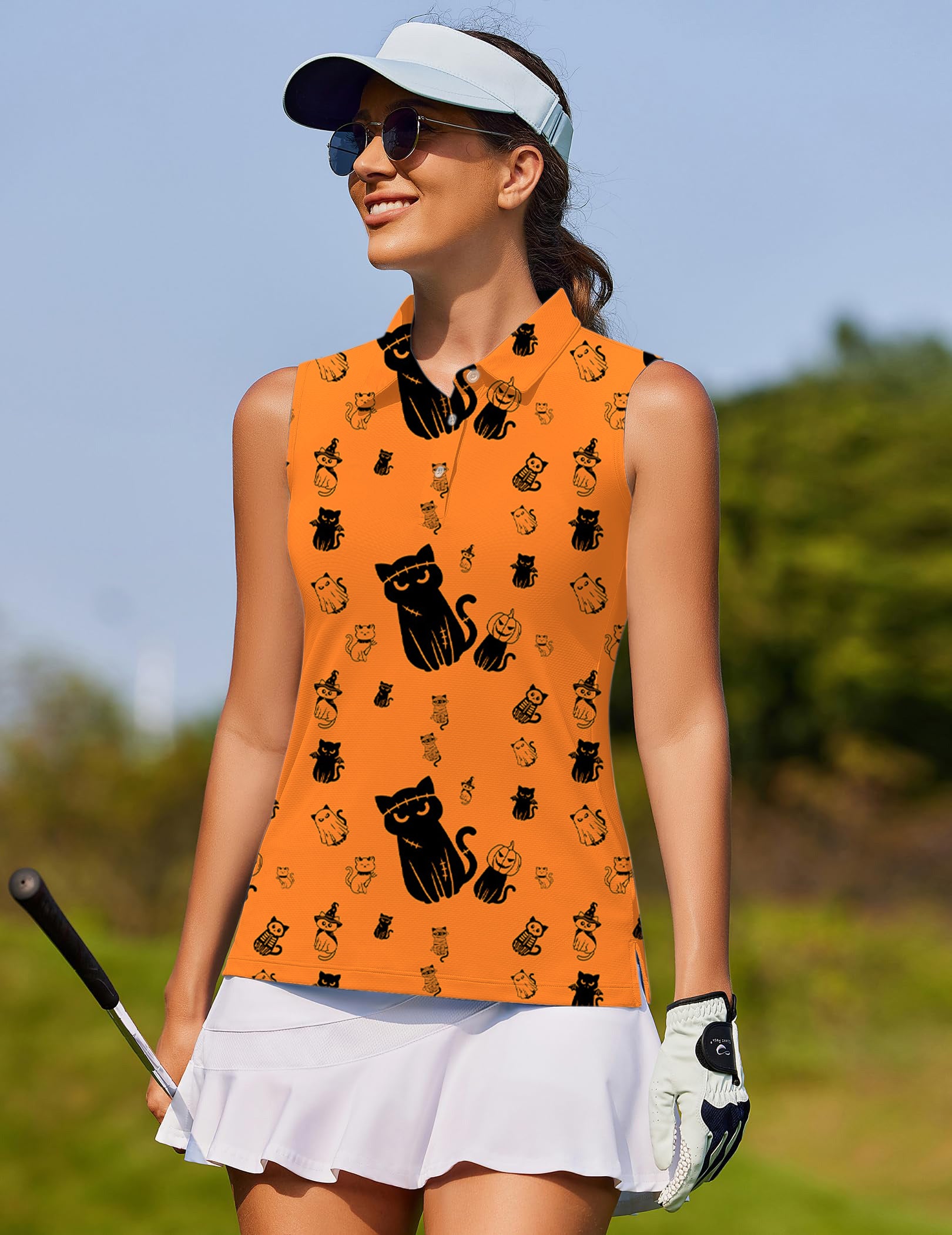 Halloween Cute Cat Custom The Background Color Women's golf Sleeveless shirt