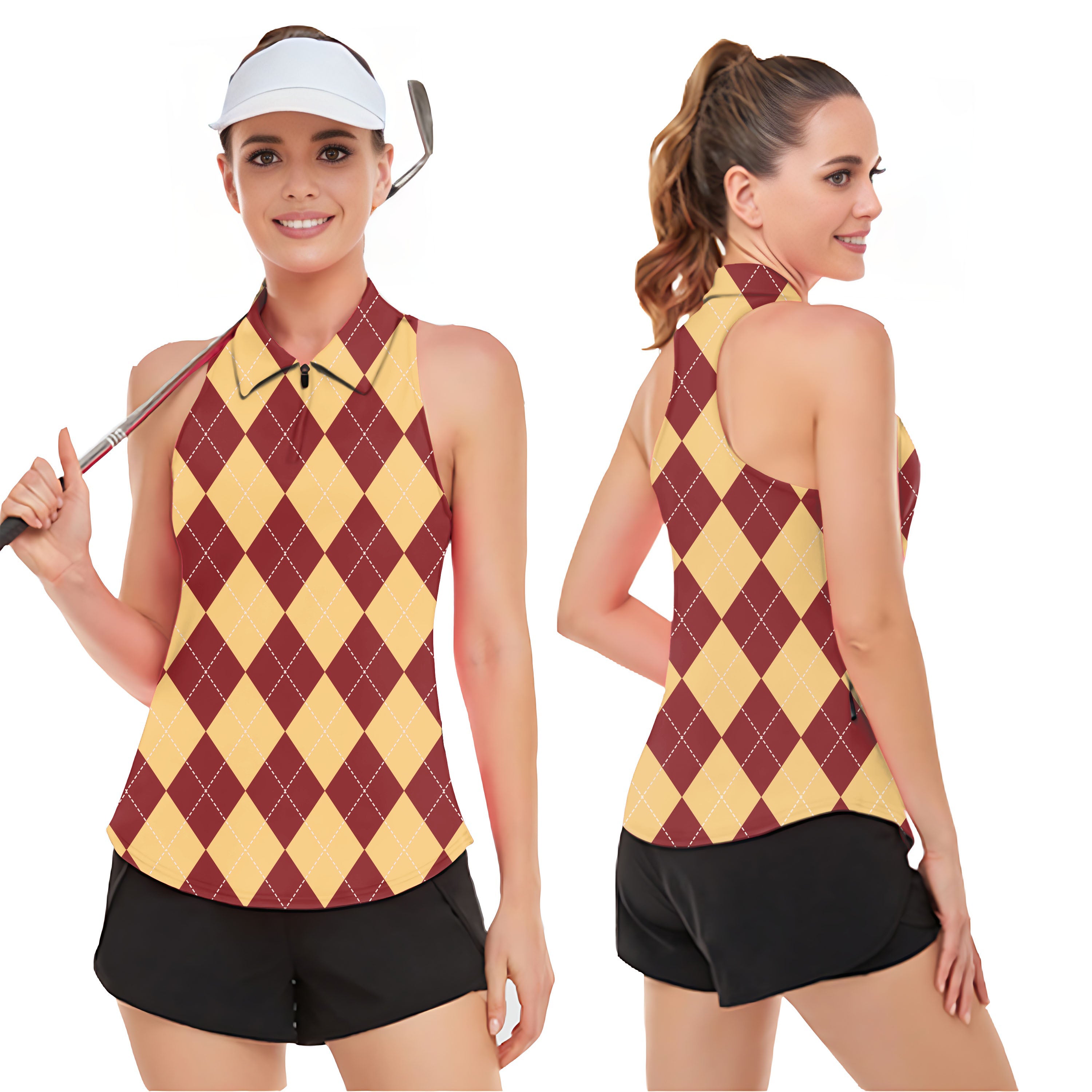 yellow red Argyle Women’s Sleeveless Golf Tank Top Shirt Polo