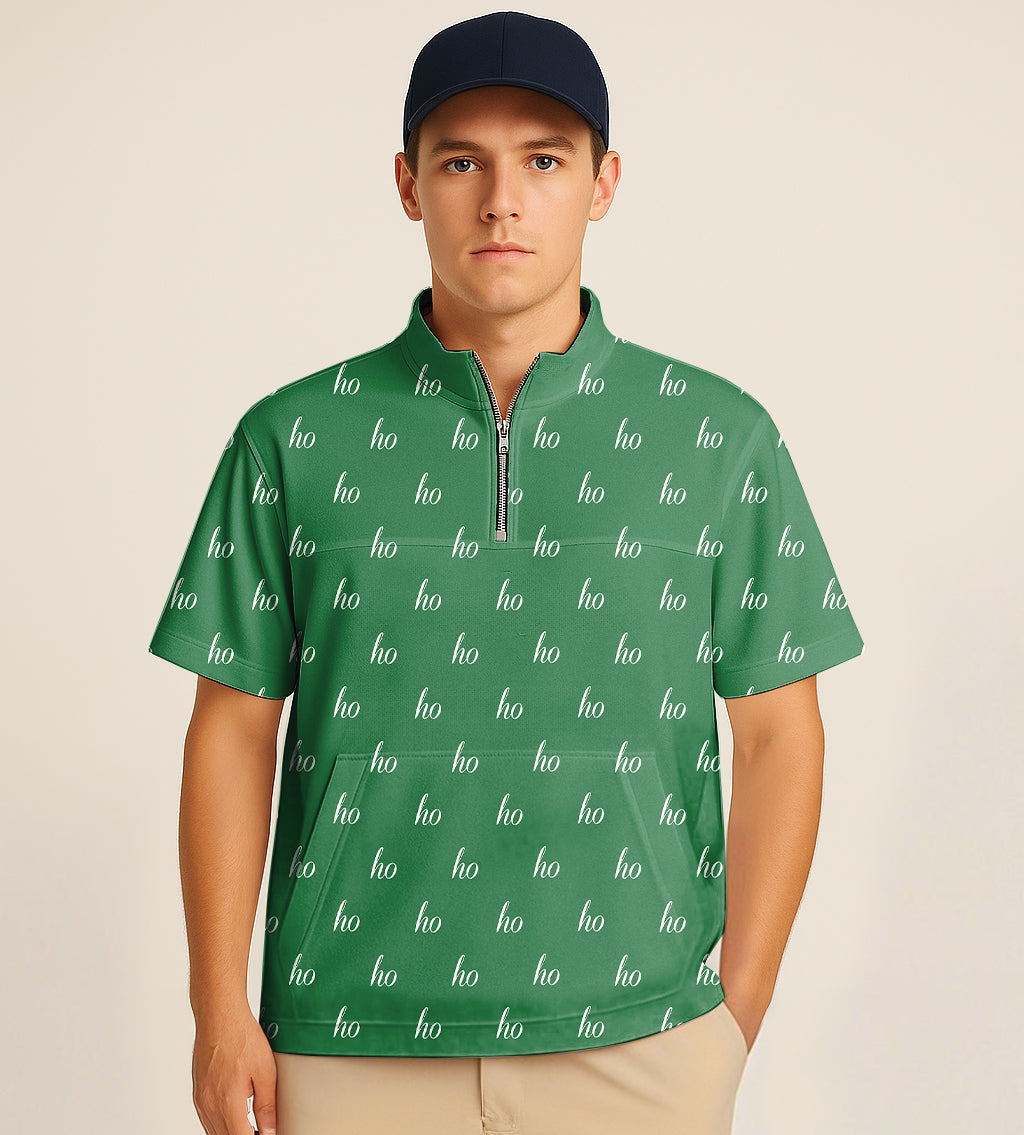 Half Zipper Turtleneck Golf Short Shirt Green Custom Name Christmas Embroidery