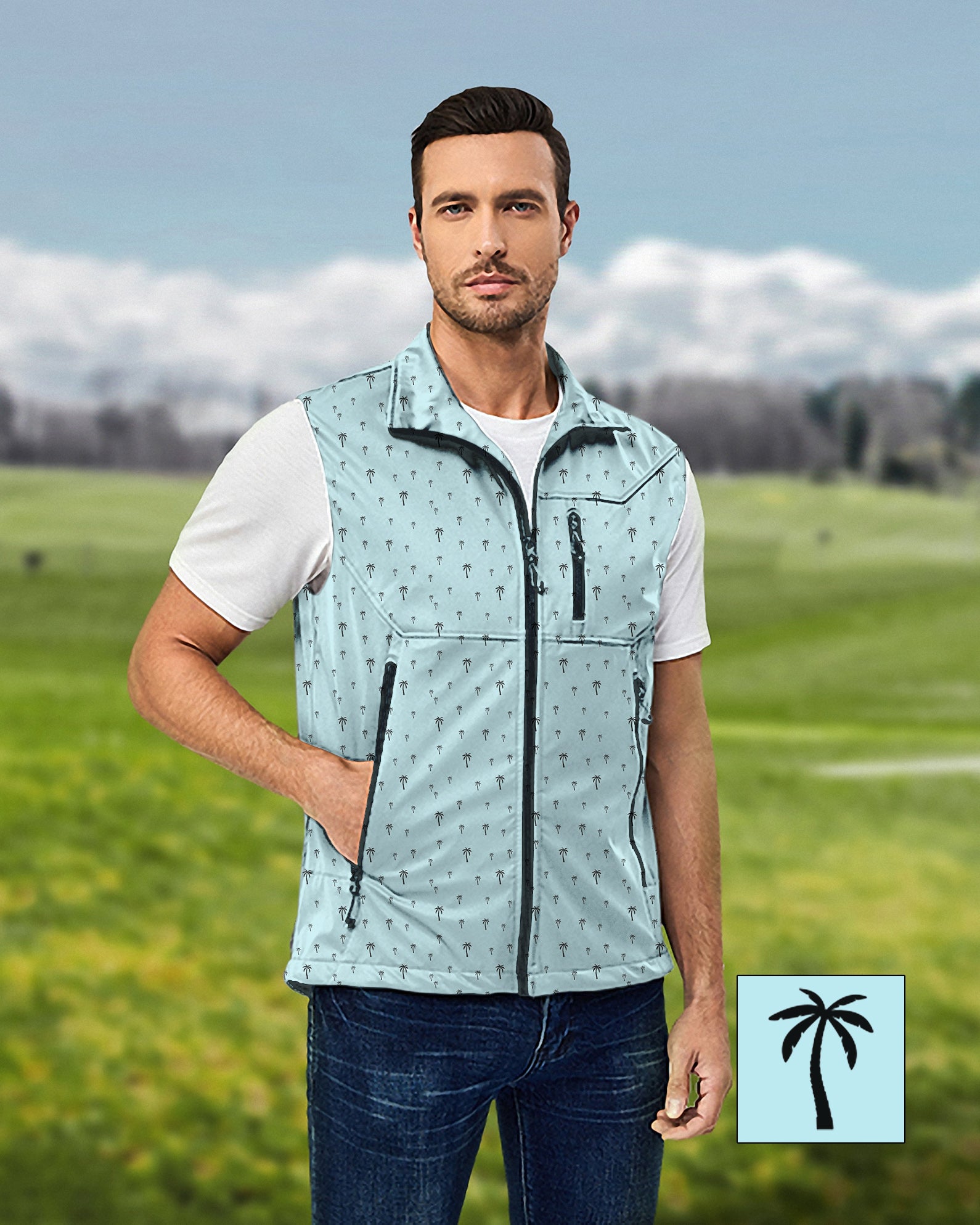 Men's light blue palm Lightweight Softshell Vest Sleeveless Jacket for Golf Windproof Waterproof Custom The Background Color