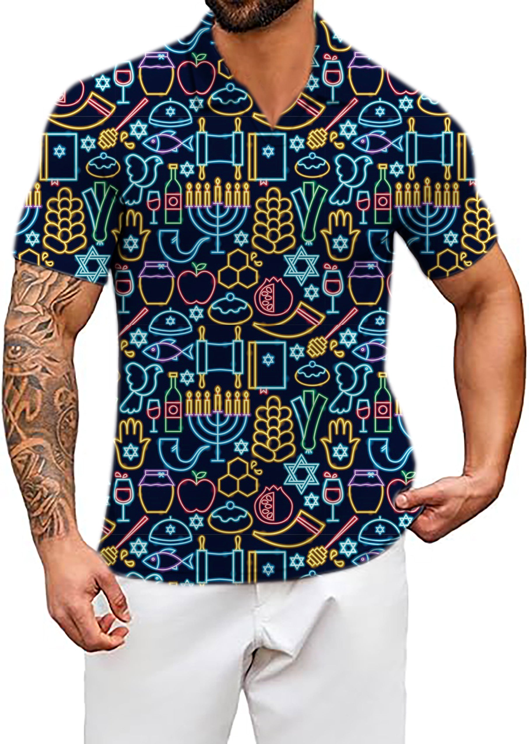 Men's Neon Rosh Hasanah V Neck Golf Polo Shirts