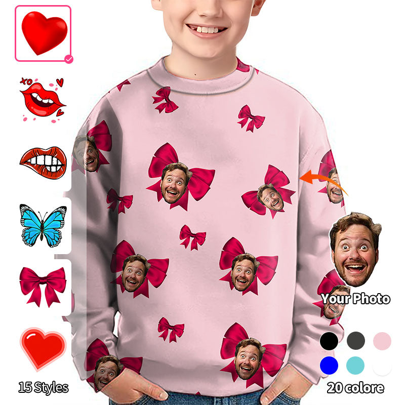 Valentine's Day Custom Photo Face Custom Color Pink Love Crewneck Pullover Kids Ugly Sweater