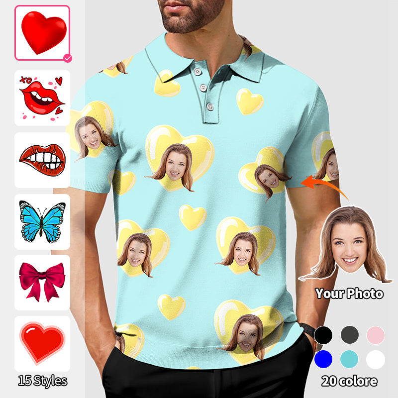 Valentine's Day men's custom photo face blue love polo shirt with four-way stretch and UPF 40+ protection