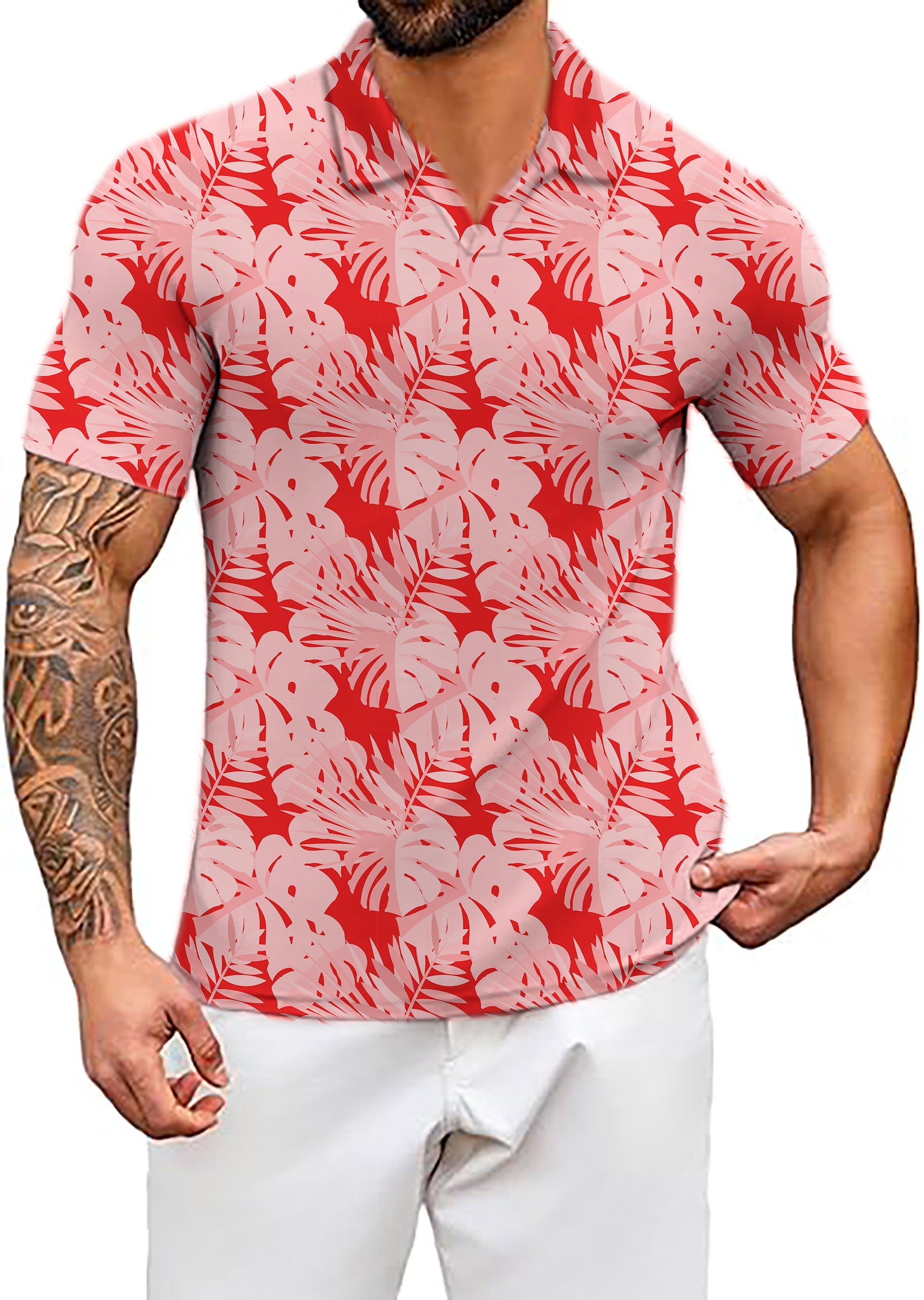 Men's red tropical leaves and plants V Neck Golf Polo Shirts
