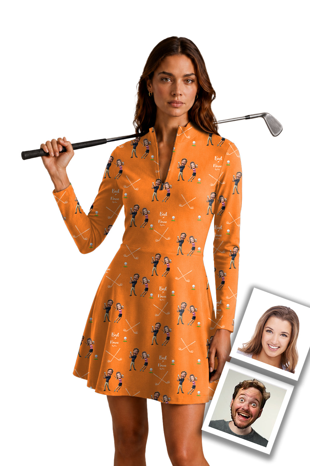 Custom Couple Photo Face & Name Women's Golf Long Sleeve Zipper Dresses Comes with separate matching shorts