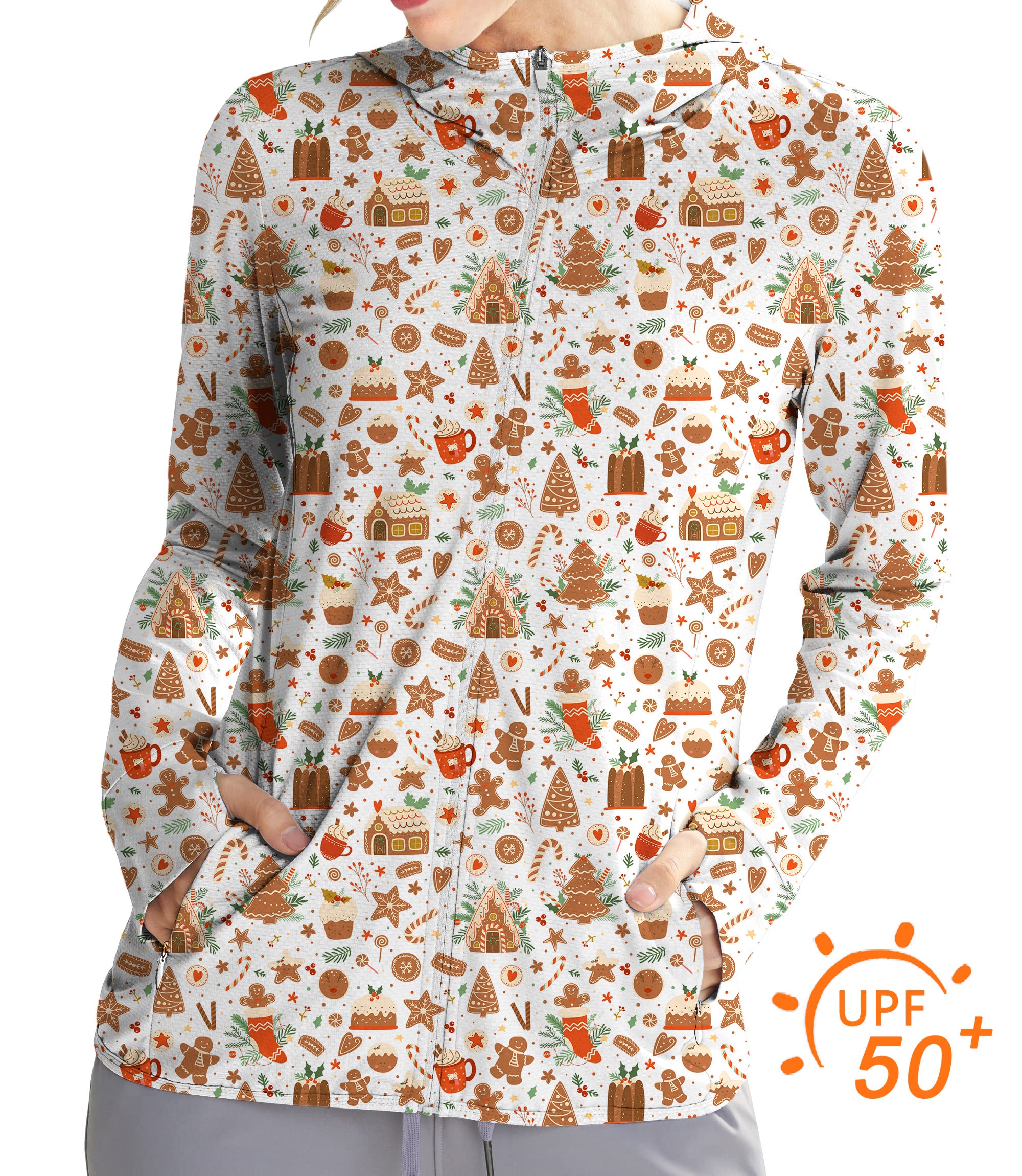 Women's Outdoor White Christmas Candy House Golf Sun Protection Slim Fit zip hoodies