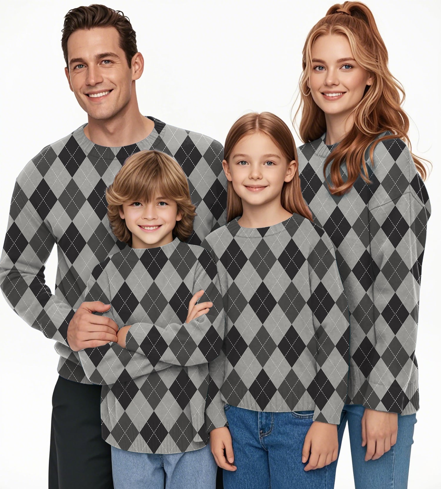 grey Argyle Crewneck Pullover Ugly Sweater Men Women boy girl family