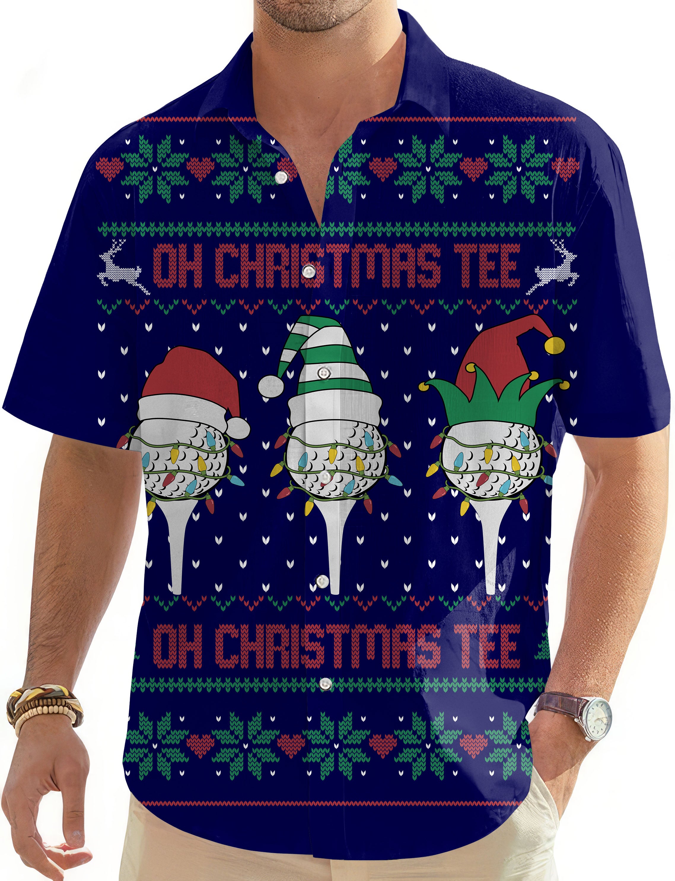 Navy-Christmas Custom face Men's Golf Hawaiian Shirts Button Down Shirt
