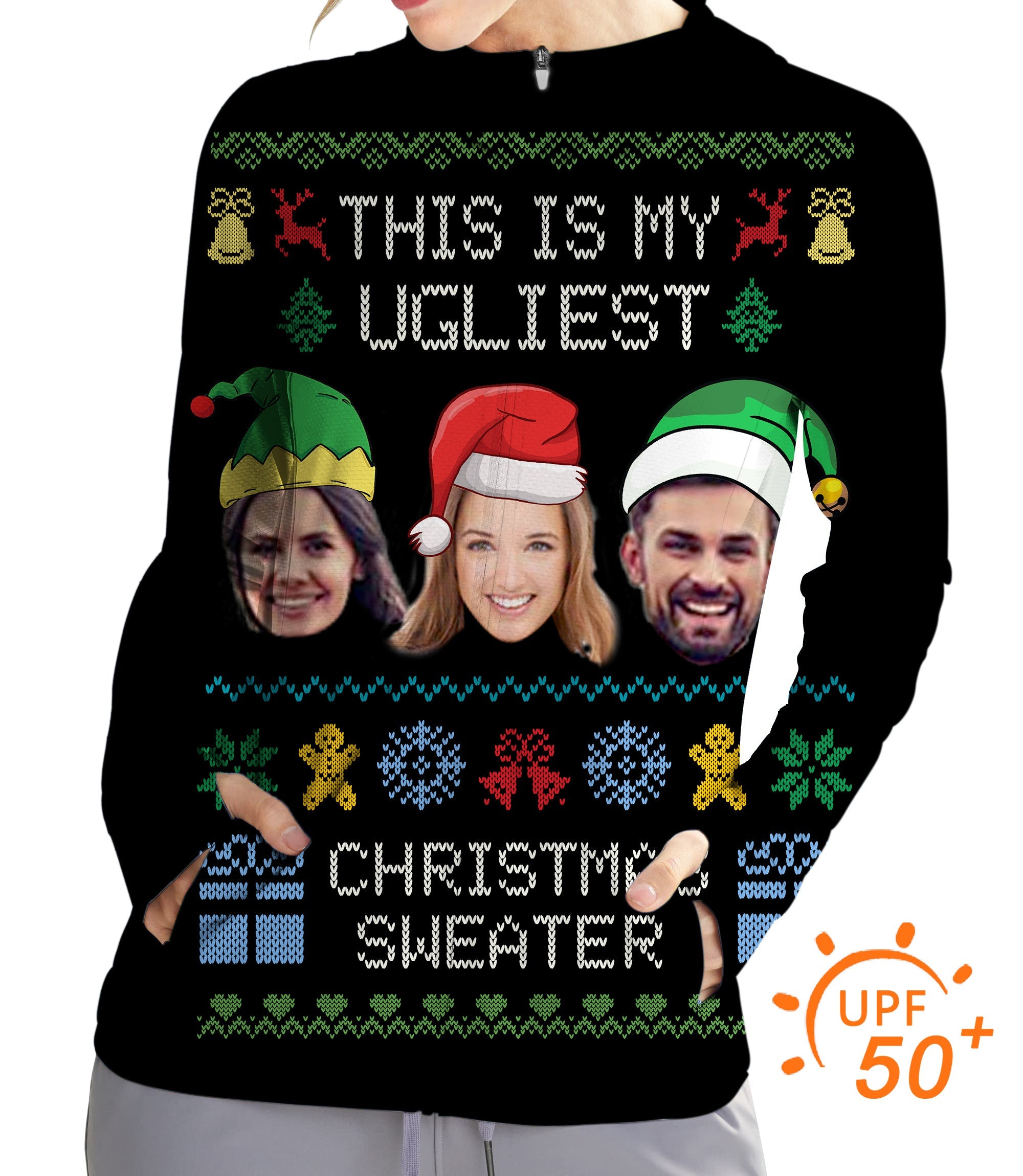 Women's outdoor black Christmas custom face golf sun protection slim fit zip hoodie with UPF 50+ sun protection and festive design