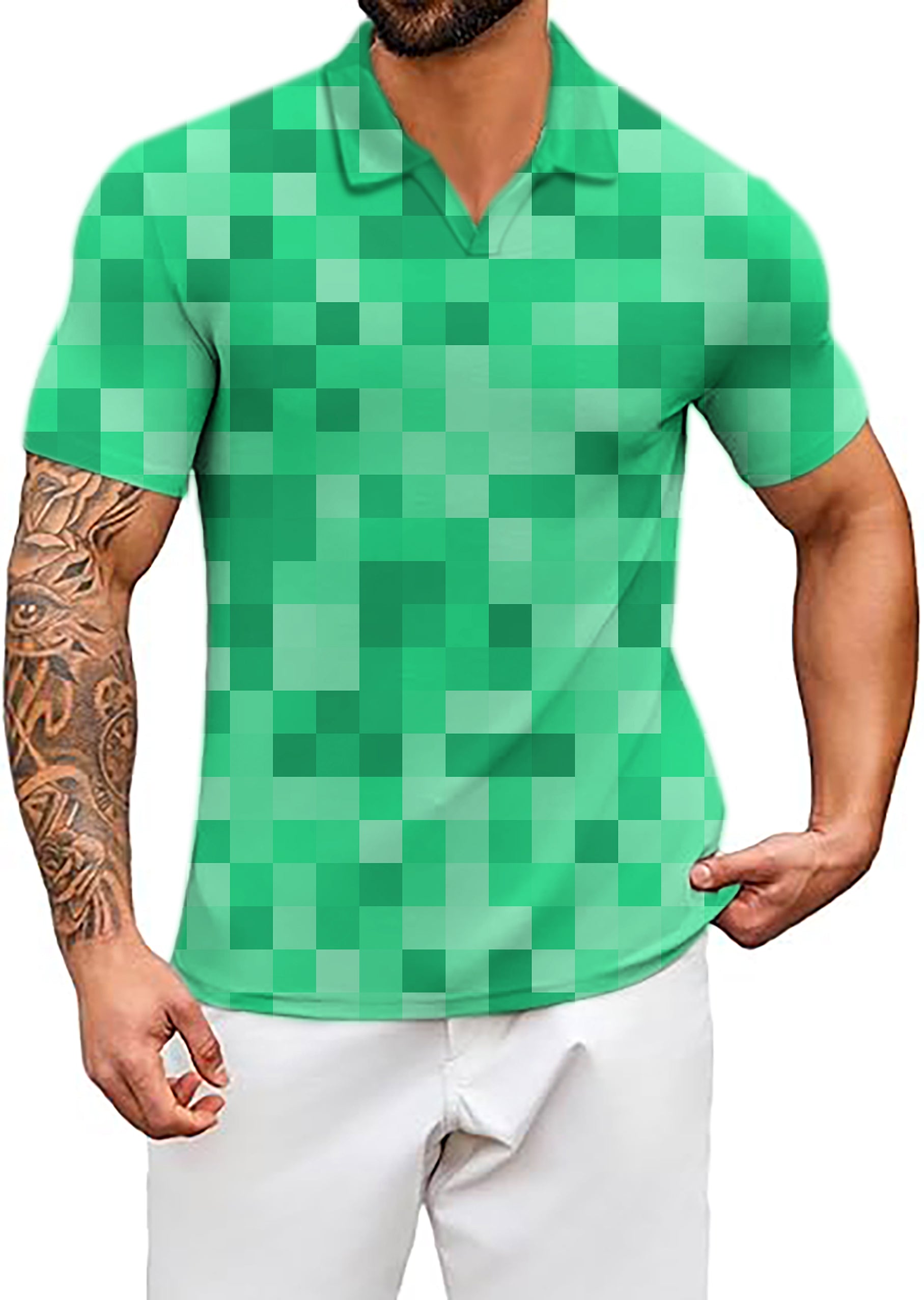 Men's Green Pixel Big V Neck Golf Polo Shirts